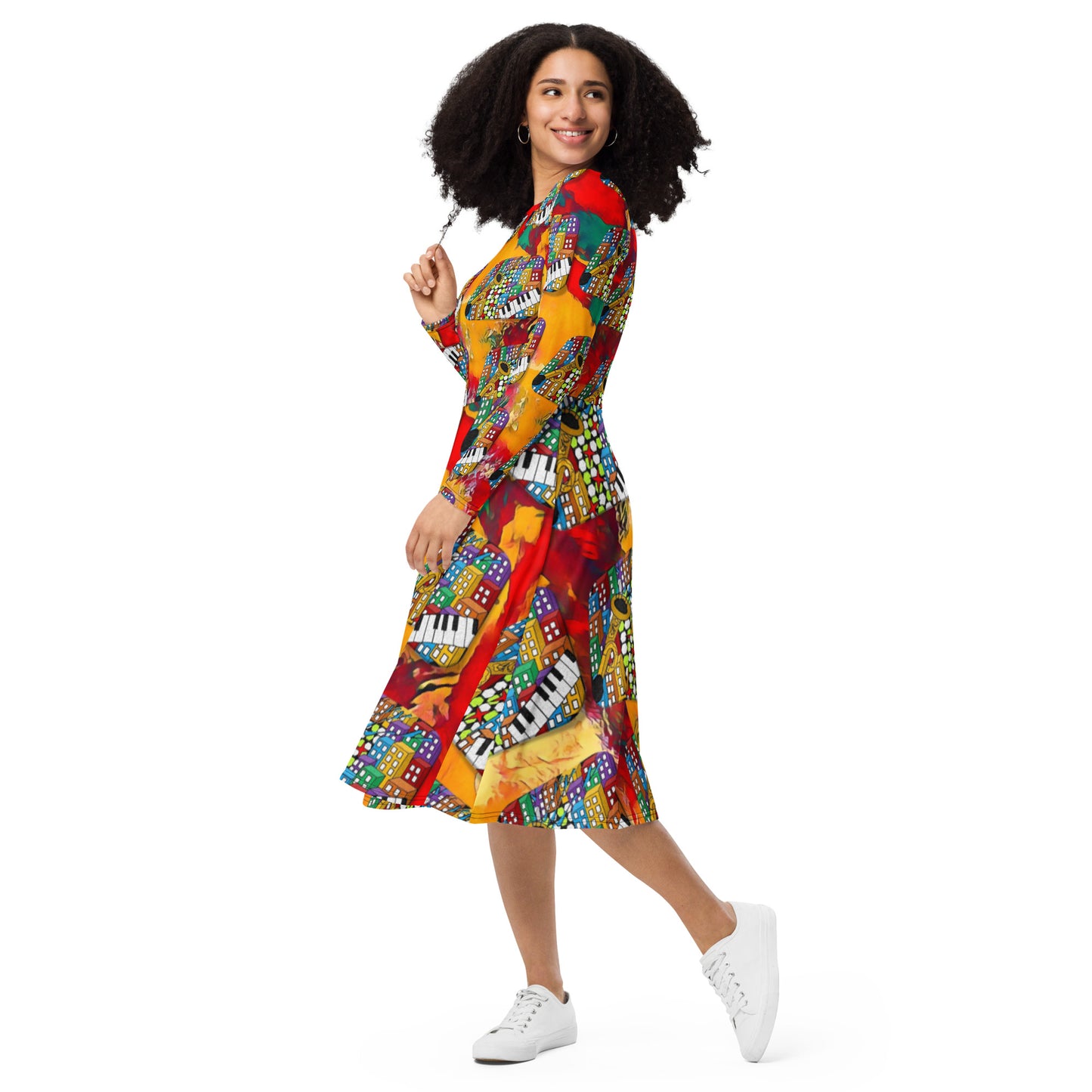 Sample All-over print long sleeve midi dress