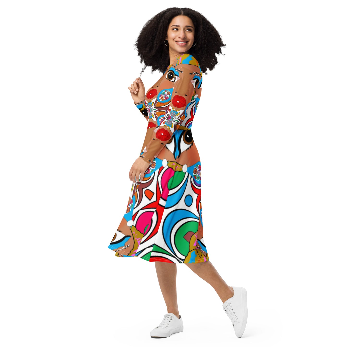 All-over print long sleeve midi dress