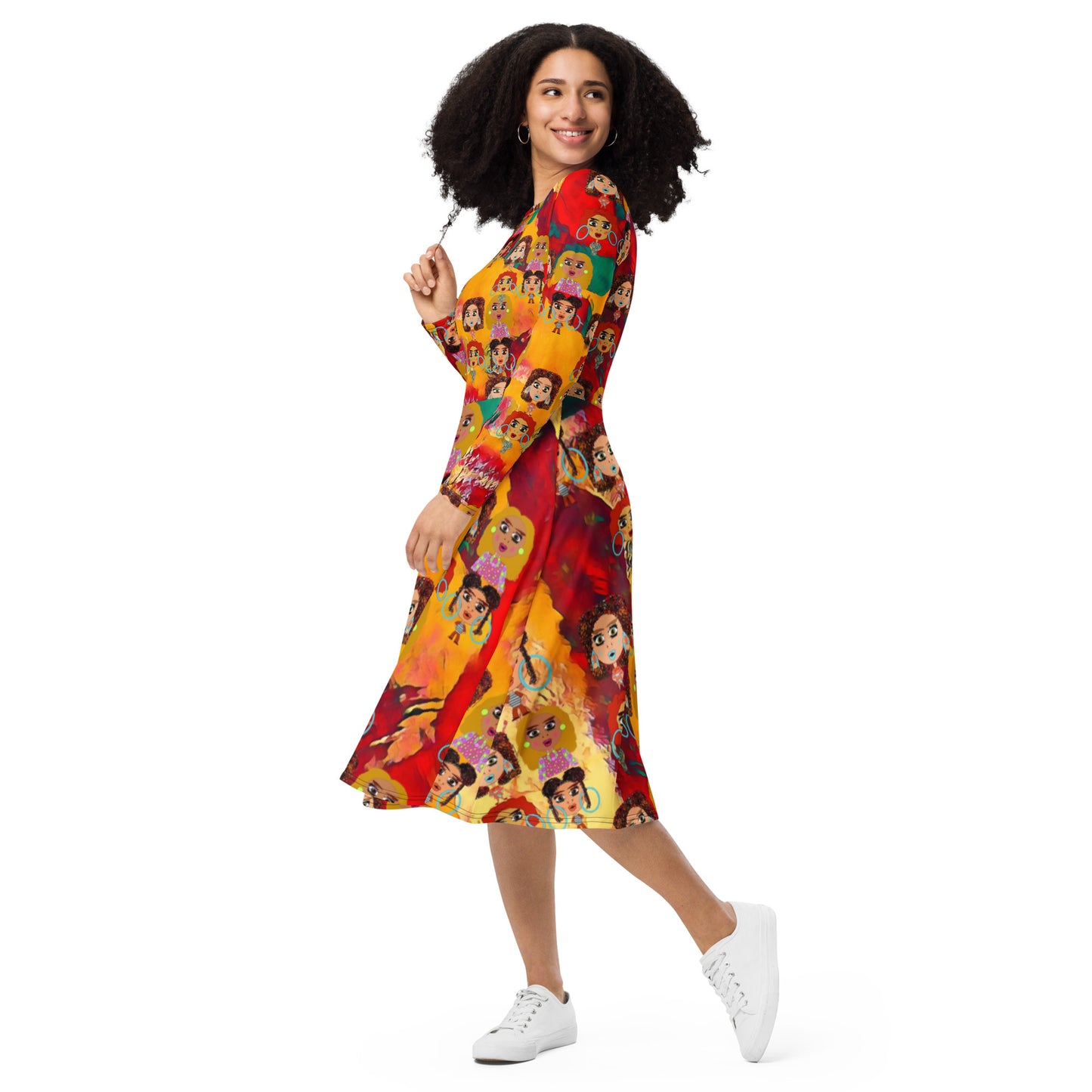 All-over print long sleeve midi dress