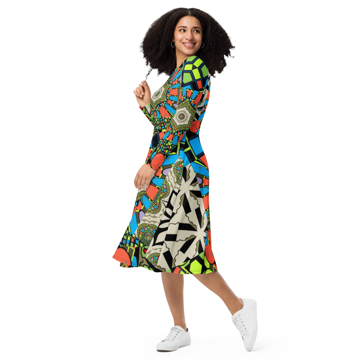 All-over print long sleeve midi dress