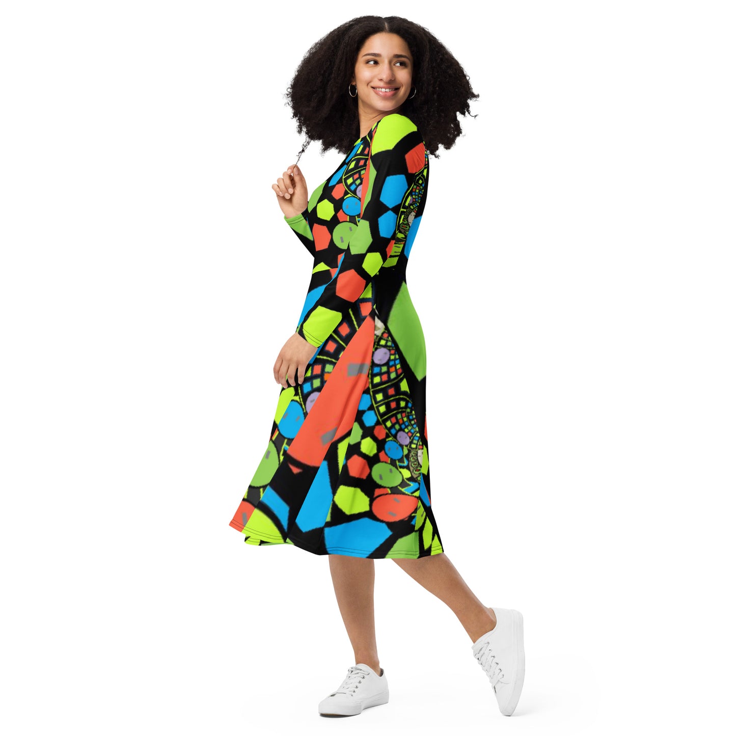 All-over print long sleeve midi dress