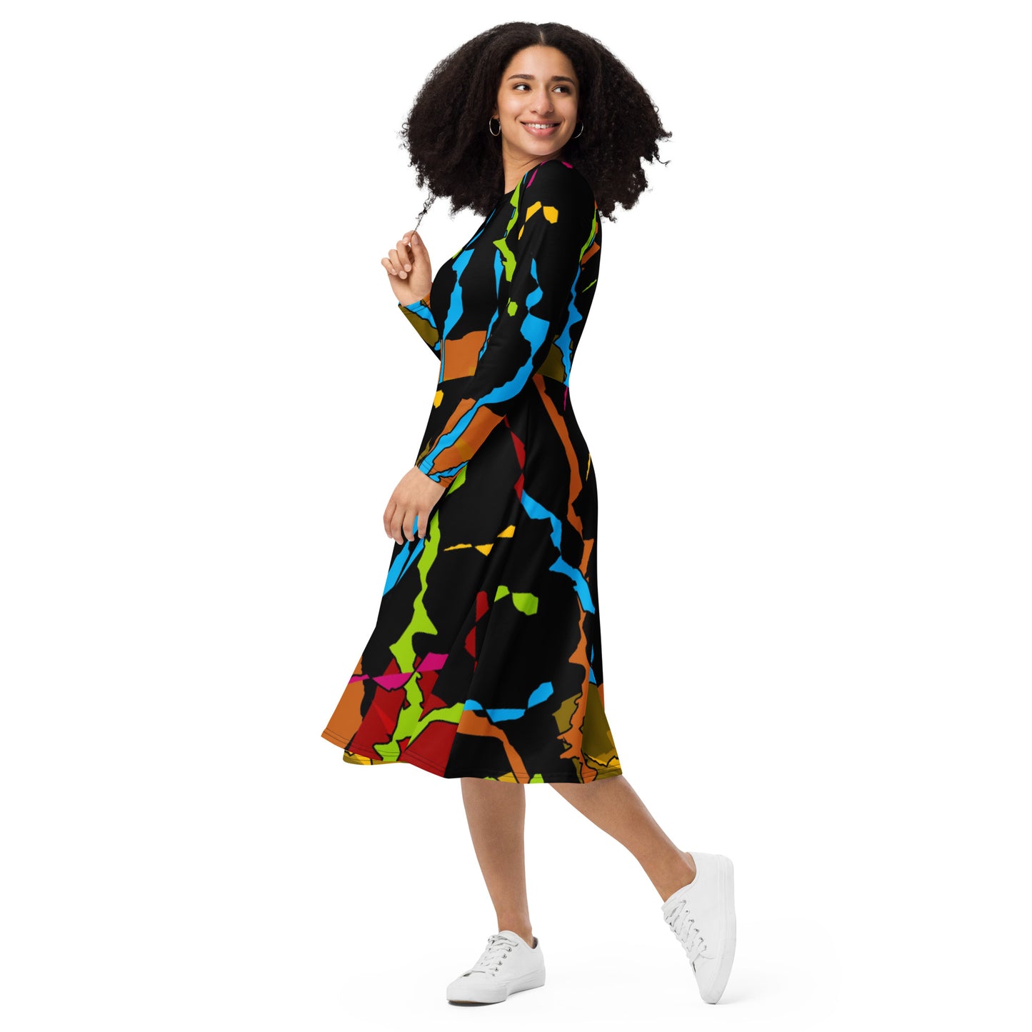 All-over print long sleeve midi dress