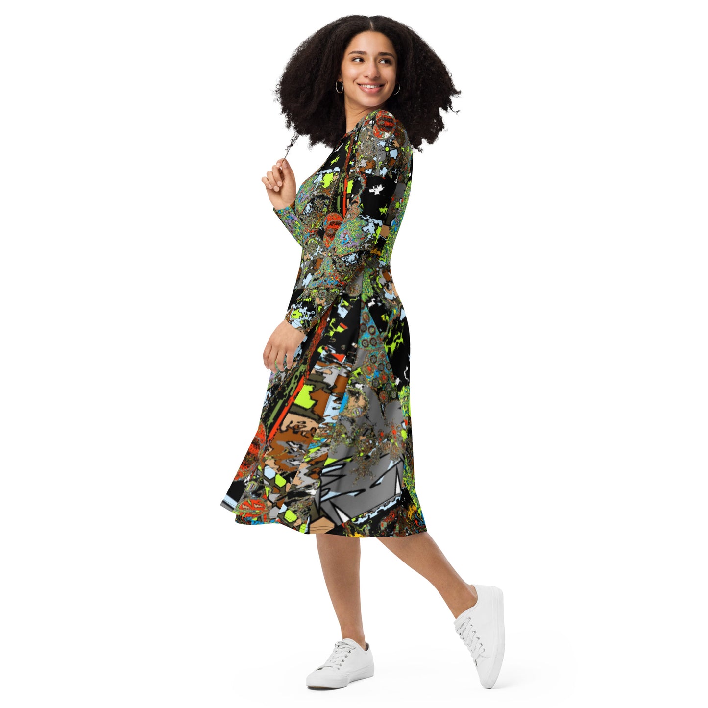 All-over print long sleeve midi dress