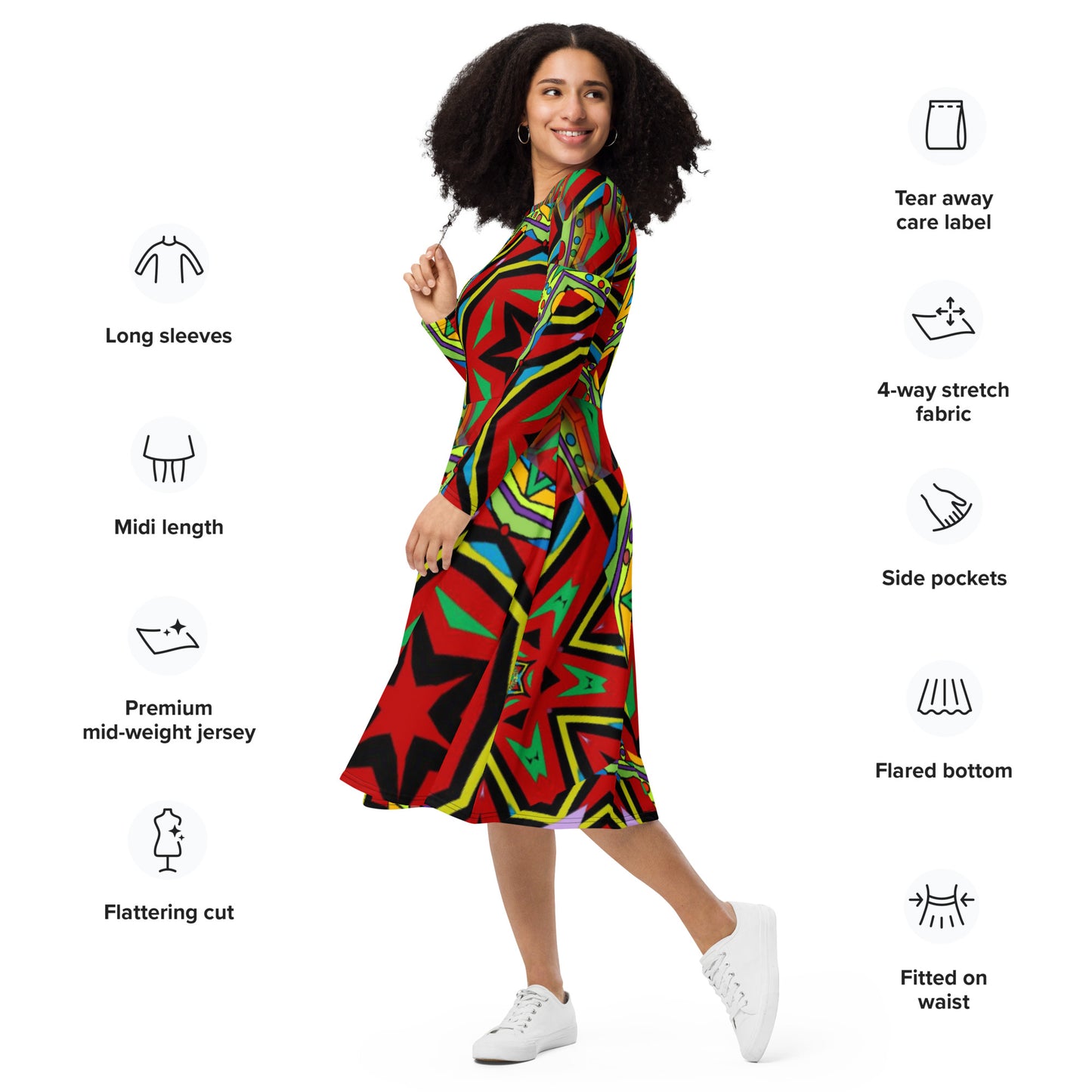 All-over print long sleeve midi dress