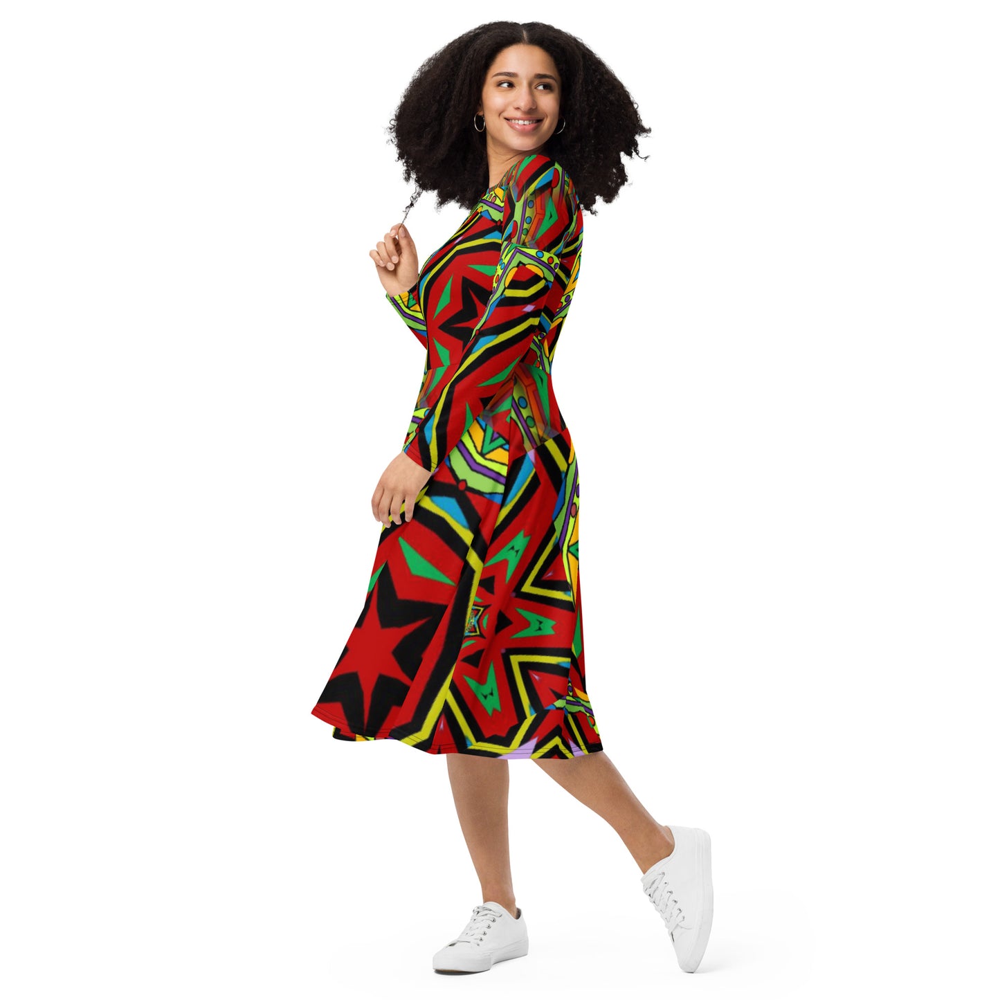 All-over print long sleeve midi dress