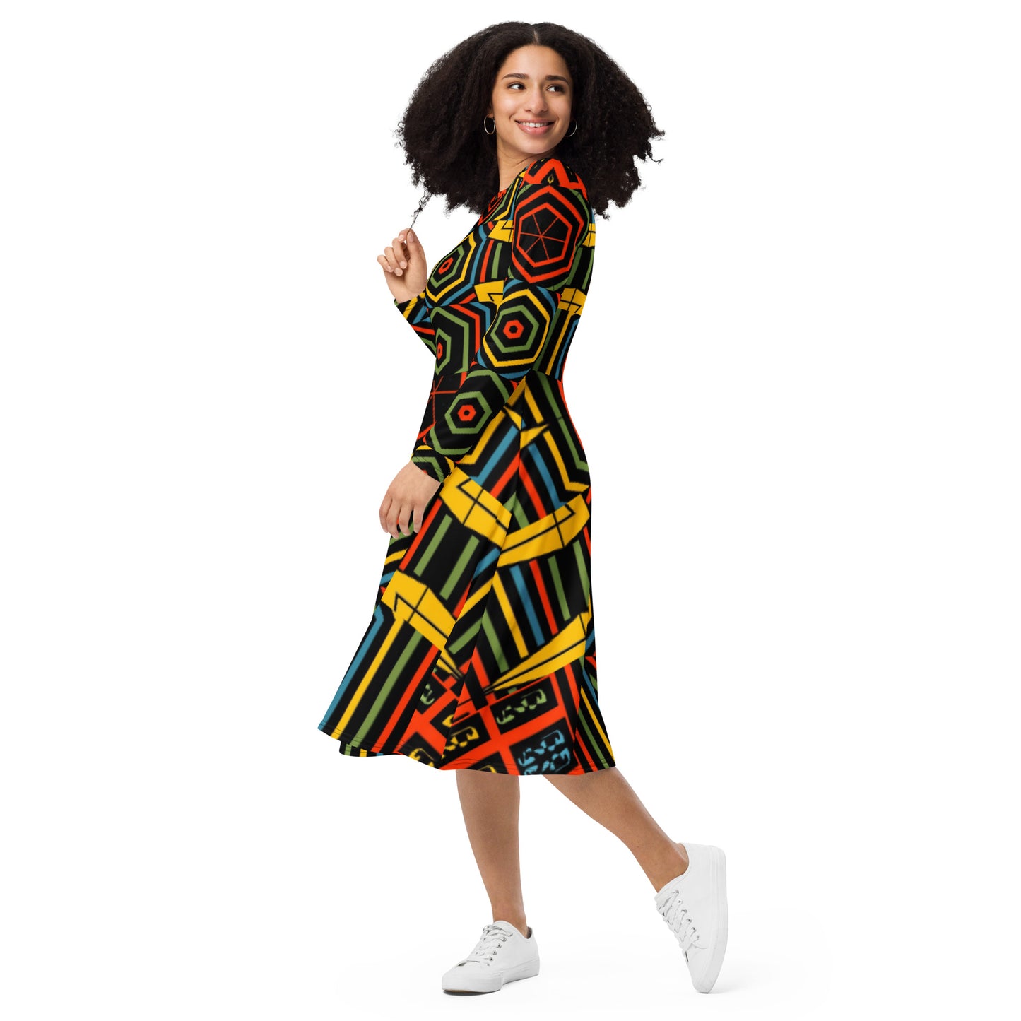 All-over print long sleeve midi dress