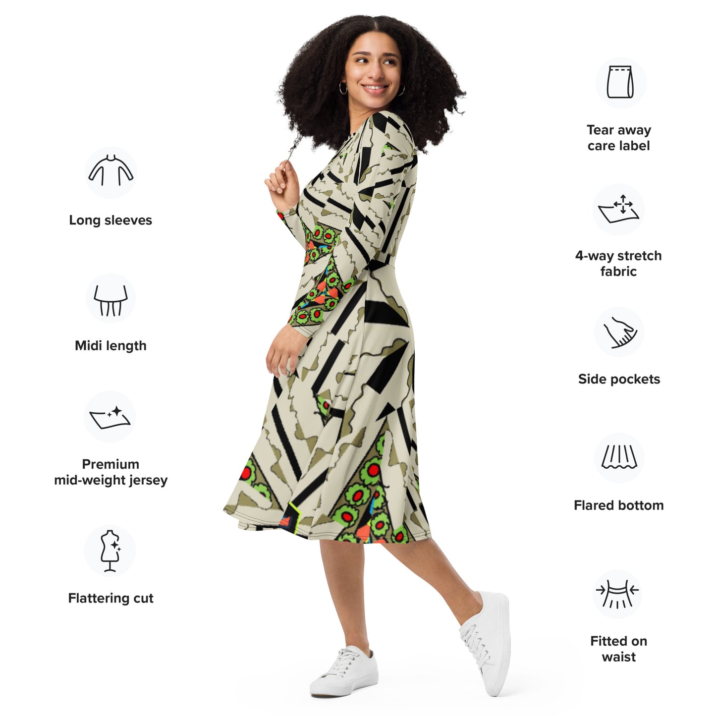 All-over print long sleeve midi dress