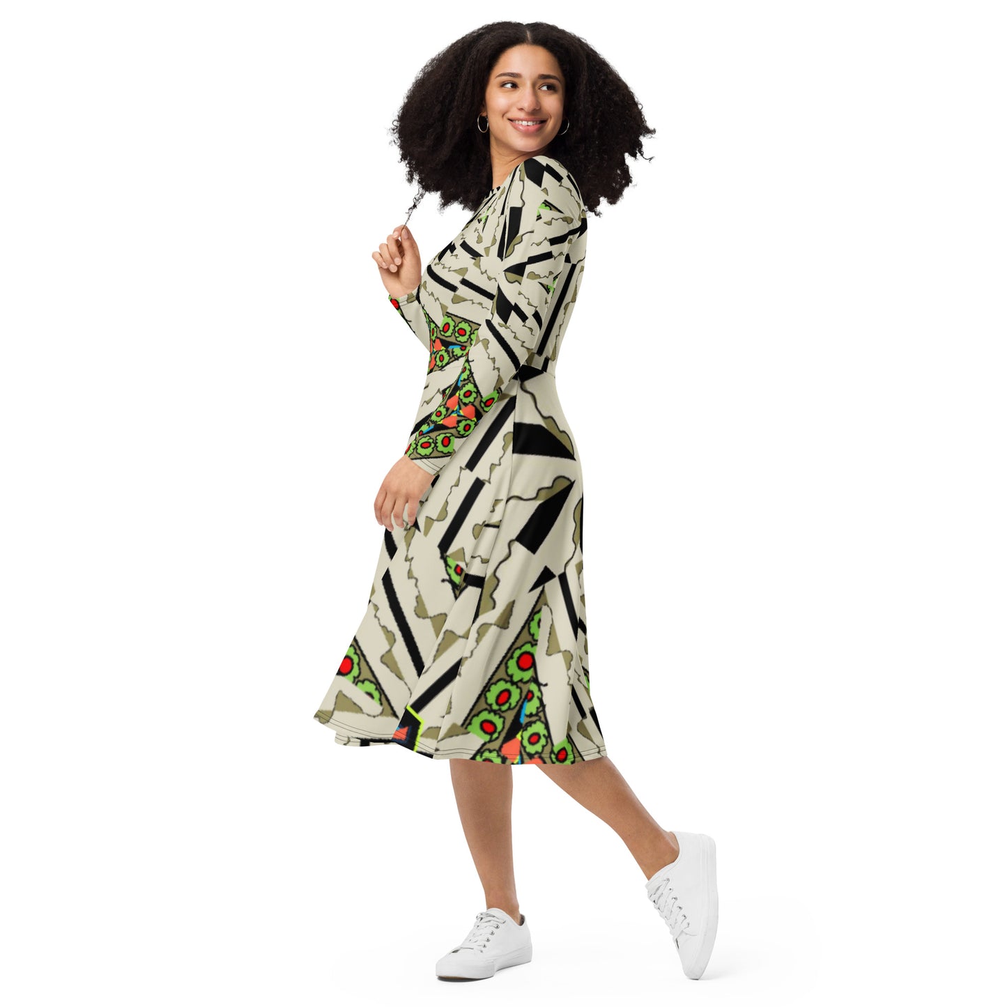 All-over print long sleeve midi dress