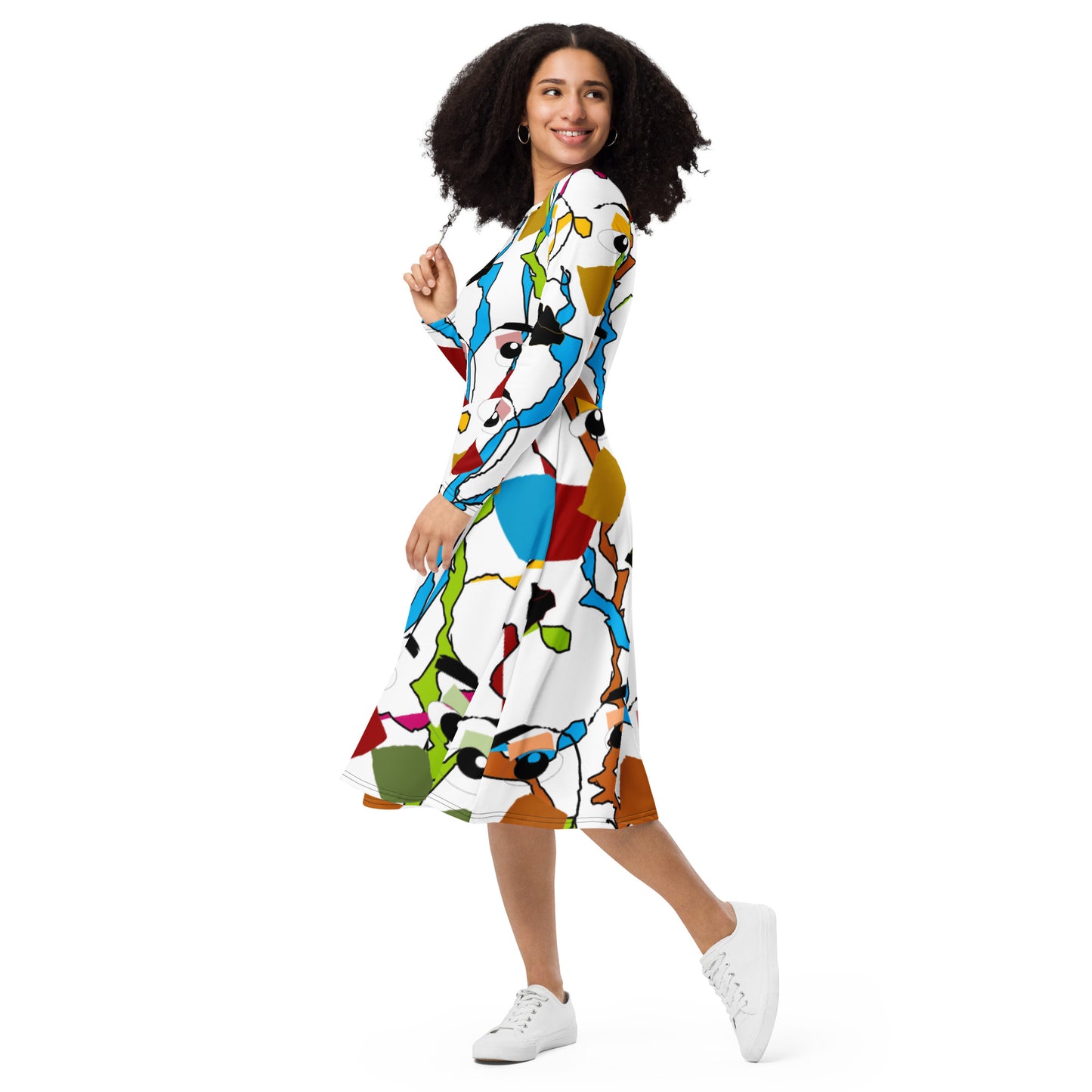 All-over print long sleeve midi dress