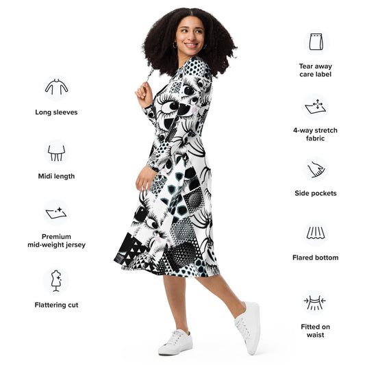 All-over print long sleeve midi dress