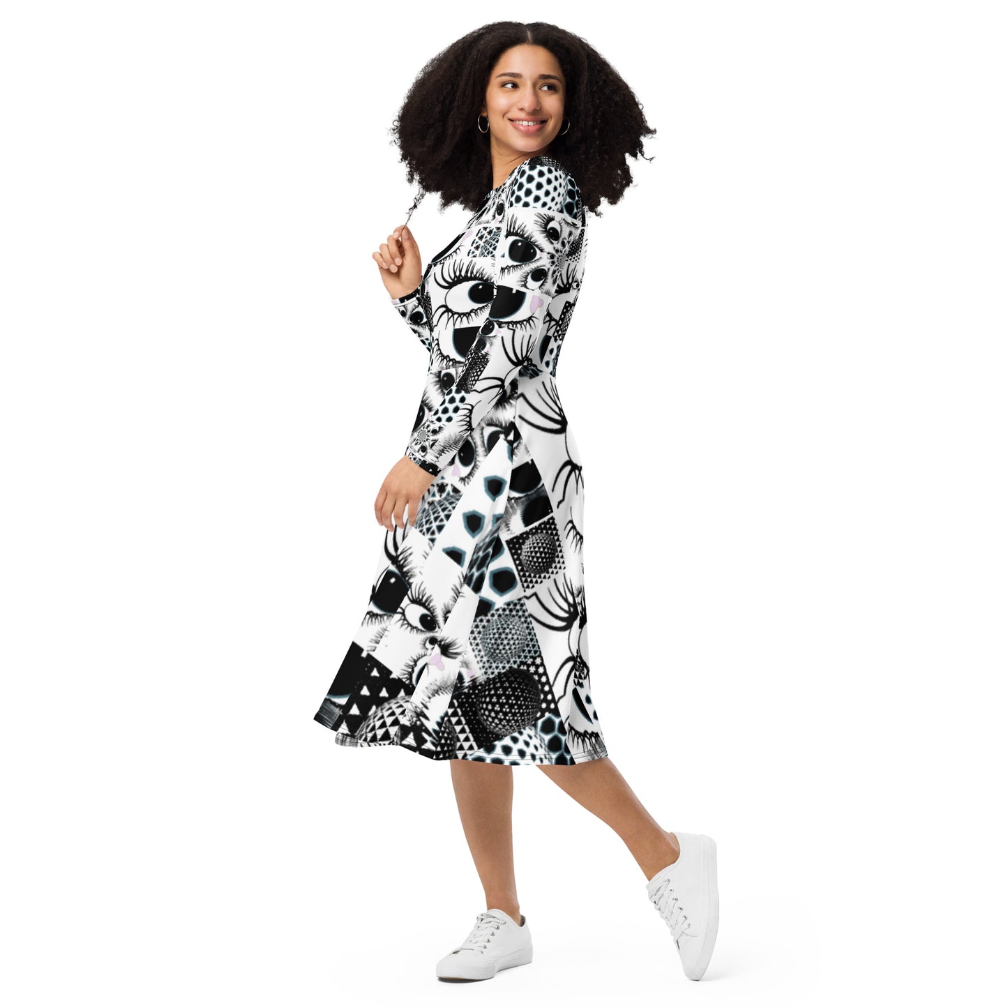 All-over print long sleeve midi dress