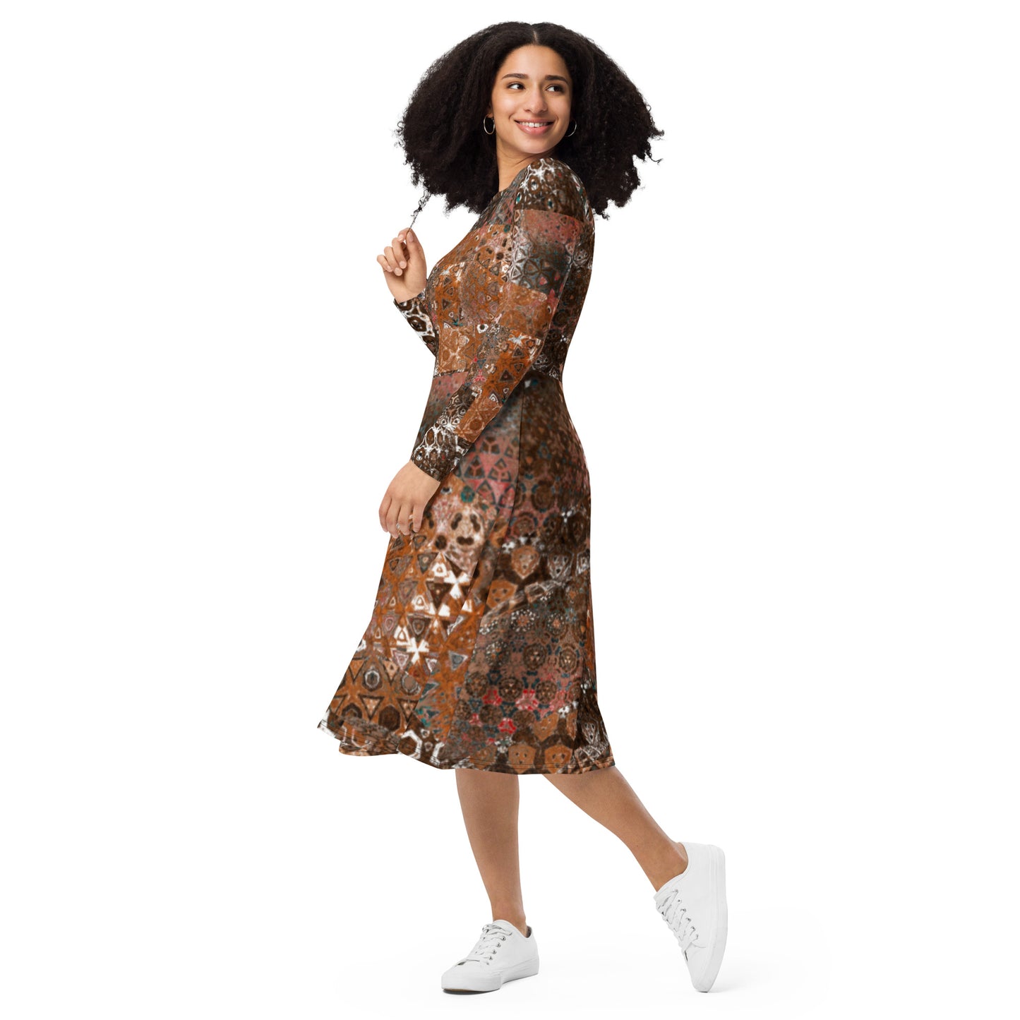 All-over print long sleeve midi dress