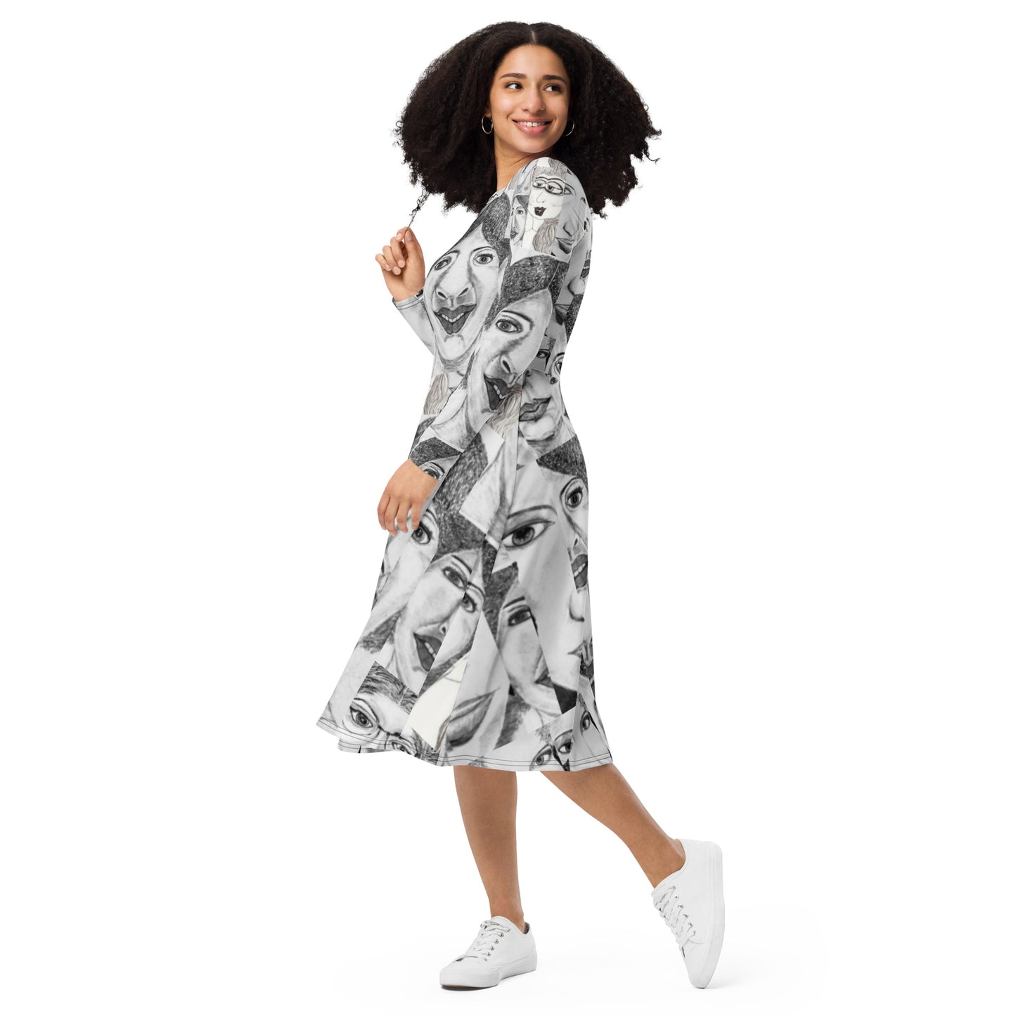 All-over print long sleeve midi dress