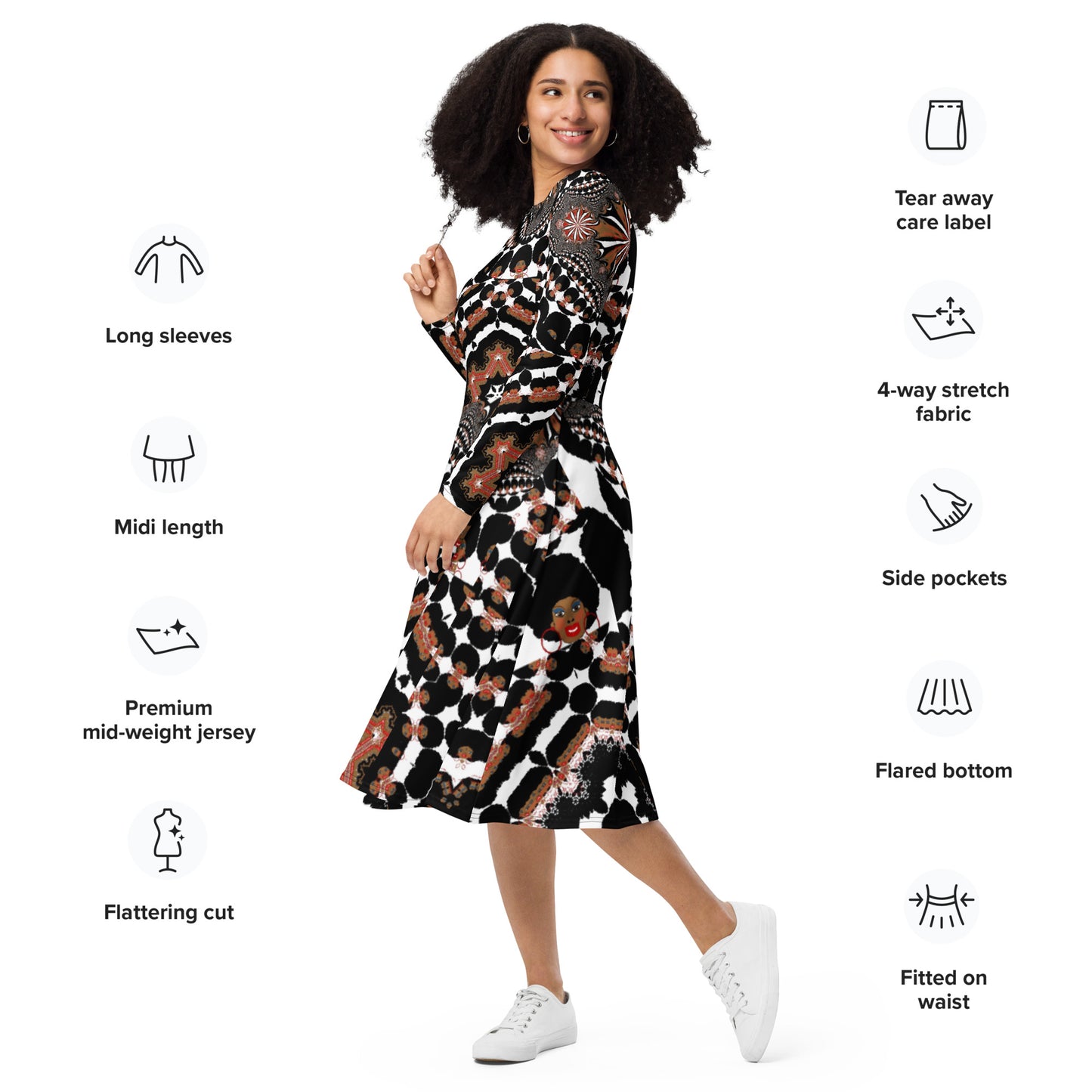 All-over print long sleeve midi dress