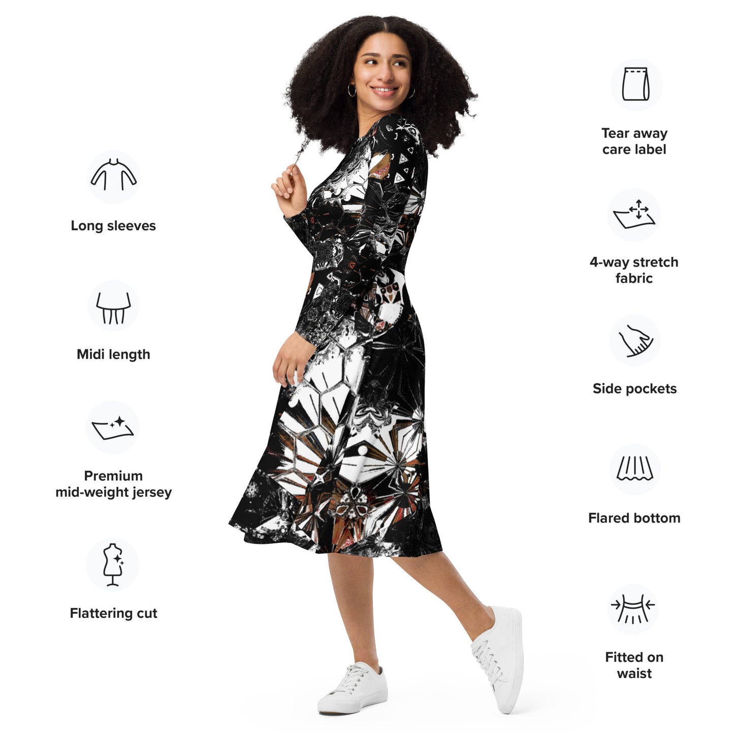 All-over print long sleeve midi dress