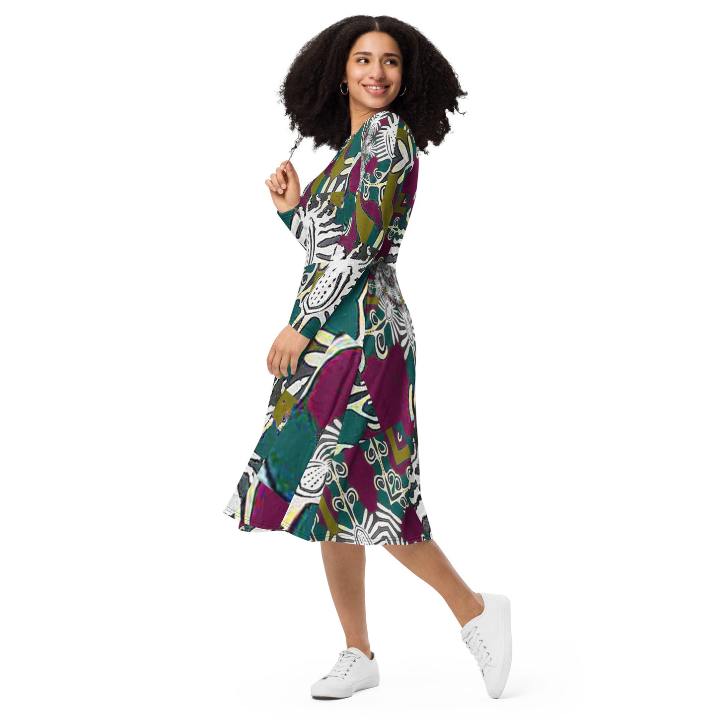 All-over print long sleeve midi dress