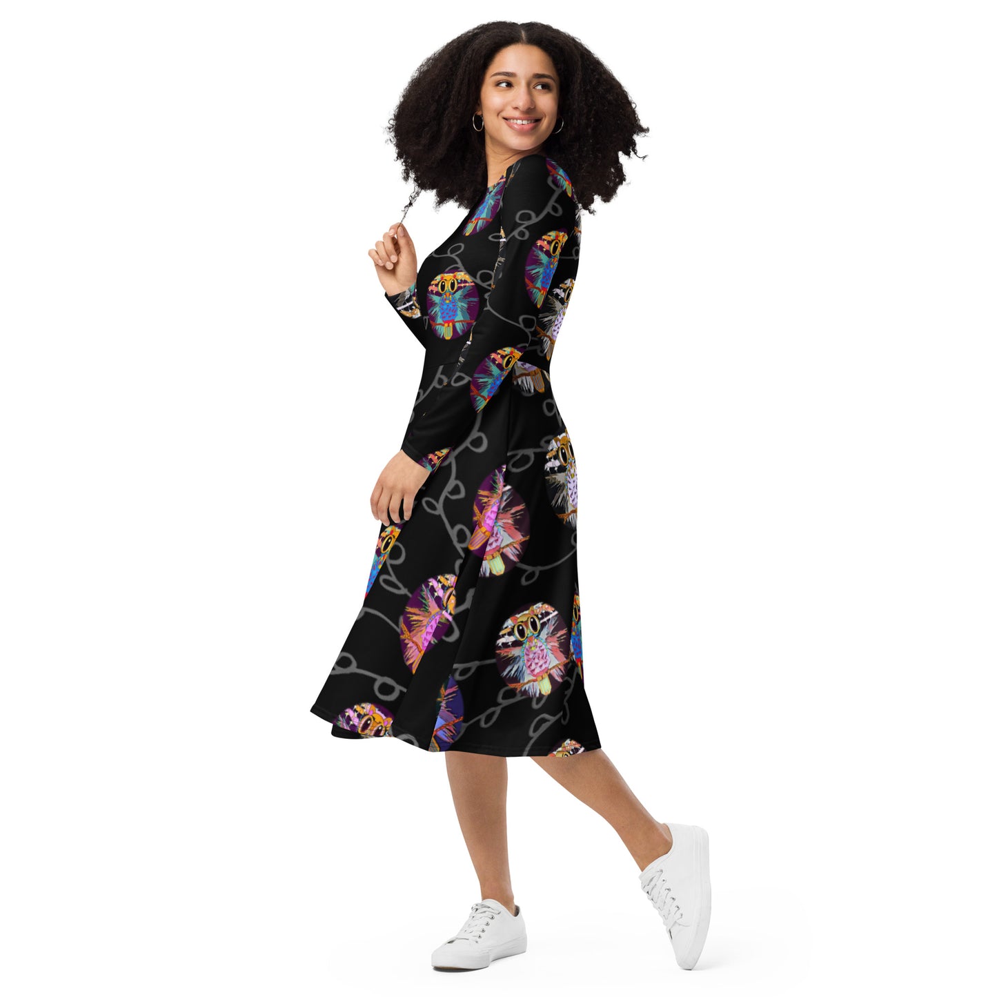 All-over print long sleeve midi dress