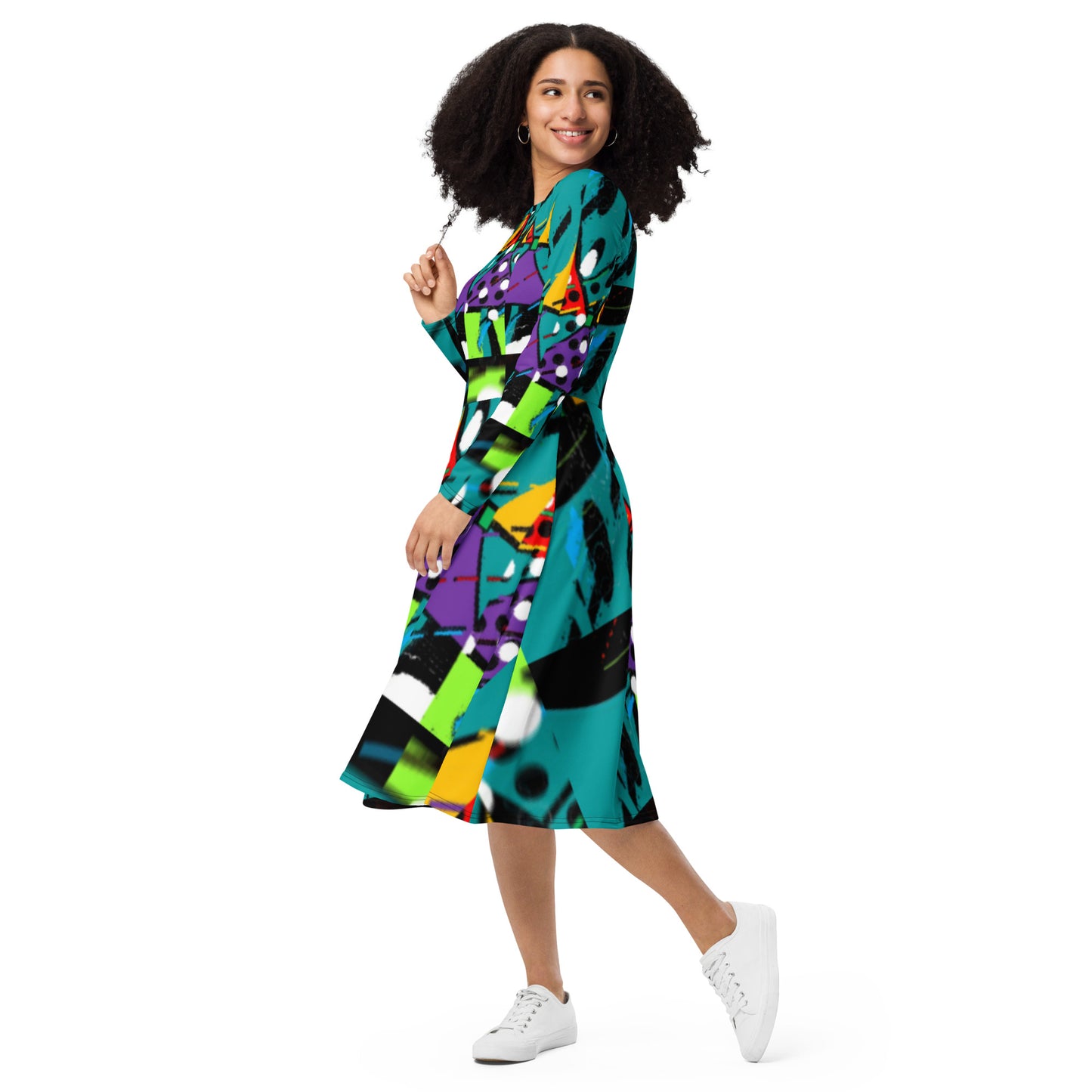 All-over print long sleeve midi dress