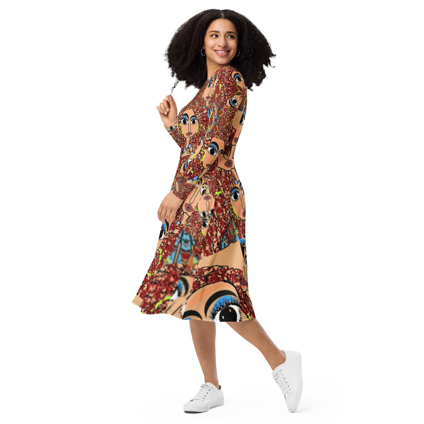 All-over print long sleeve midi dress