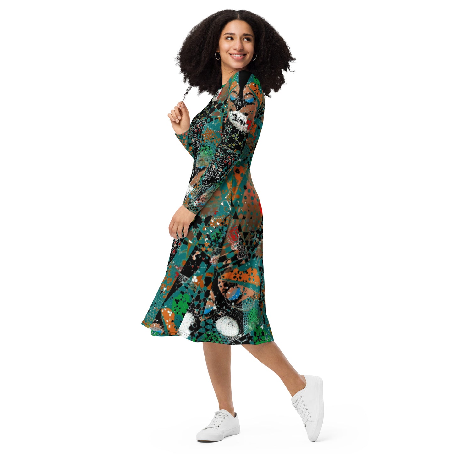 All-over print long sleeve midi dress