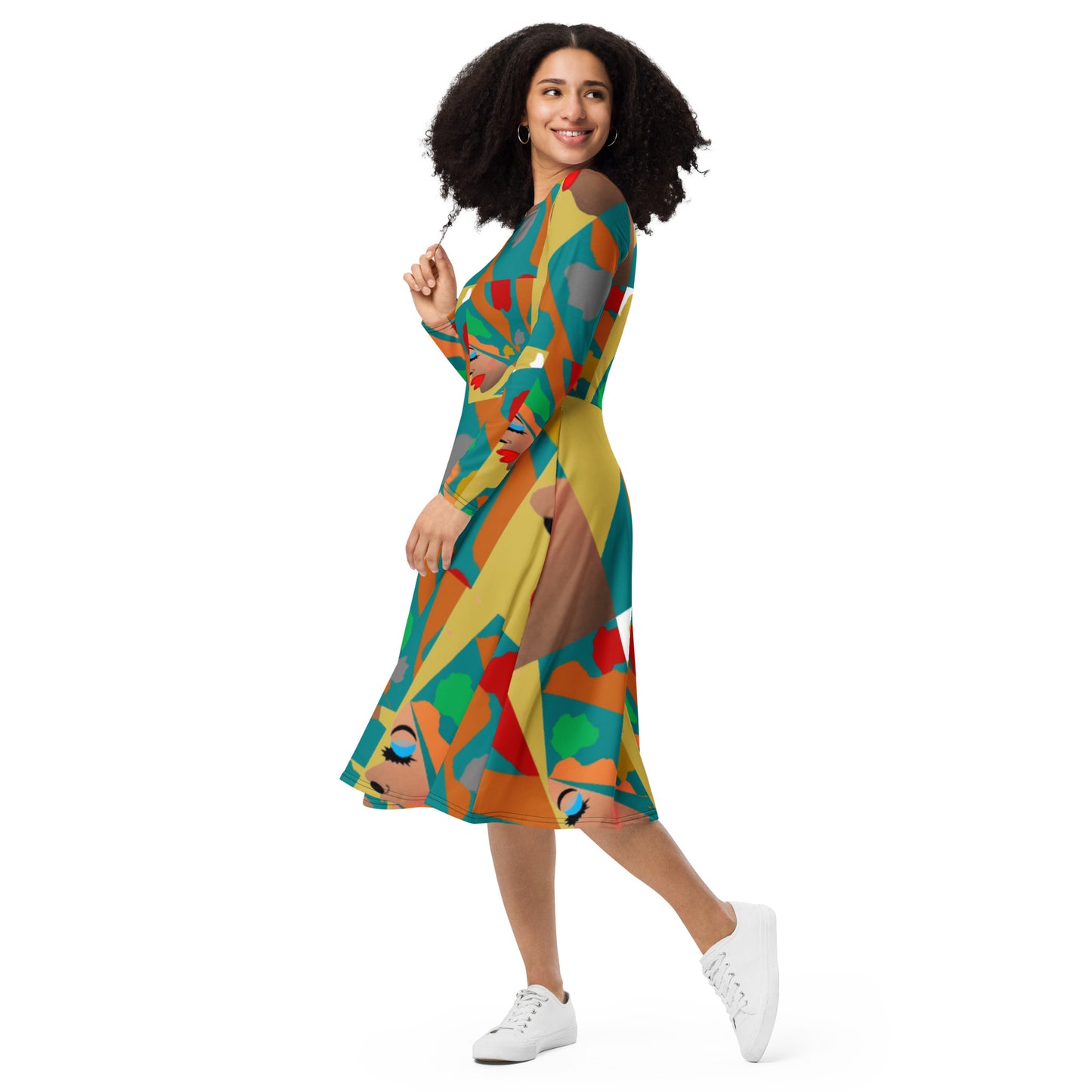 All-over print long sleeve midi dress