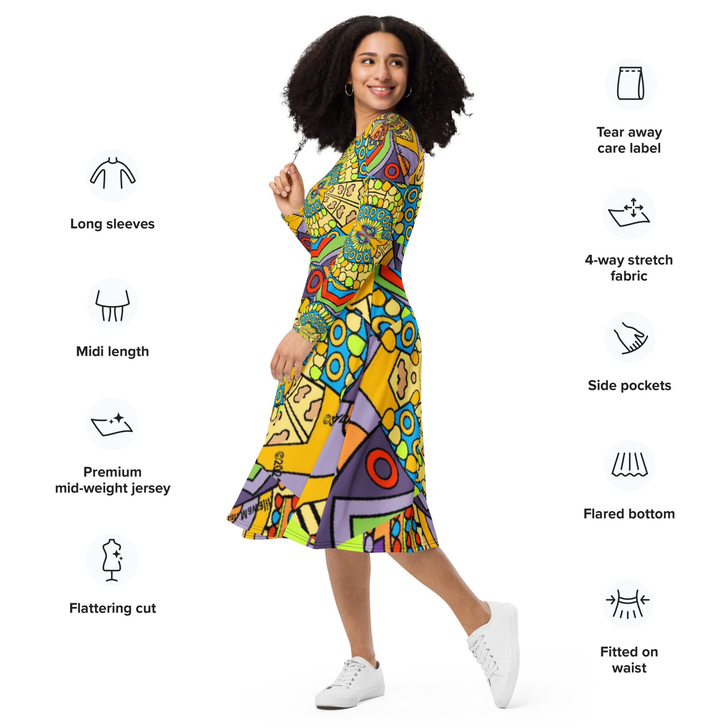 All-over print long sleeve midi dress