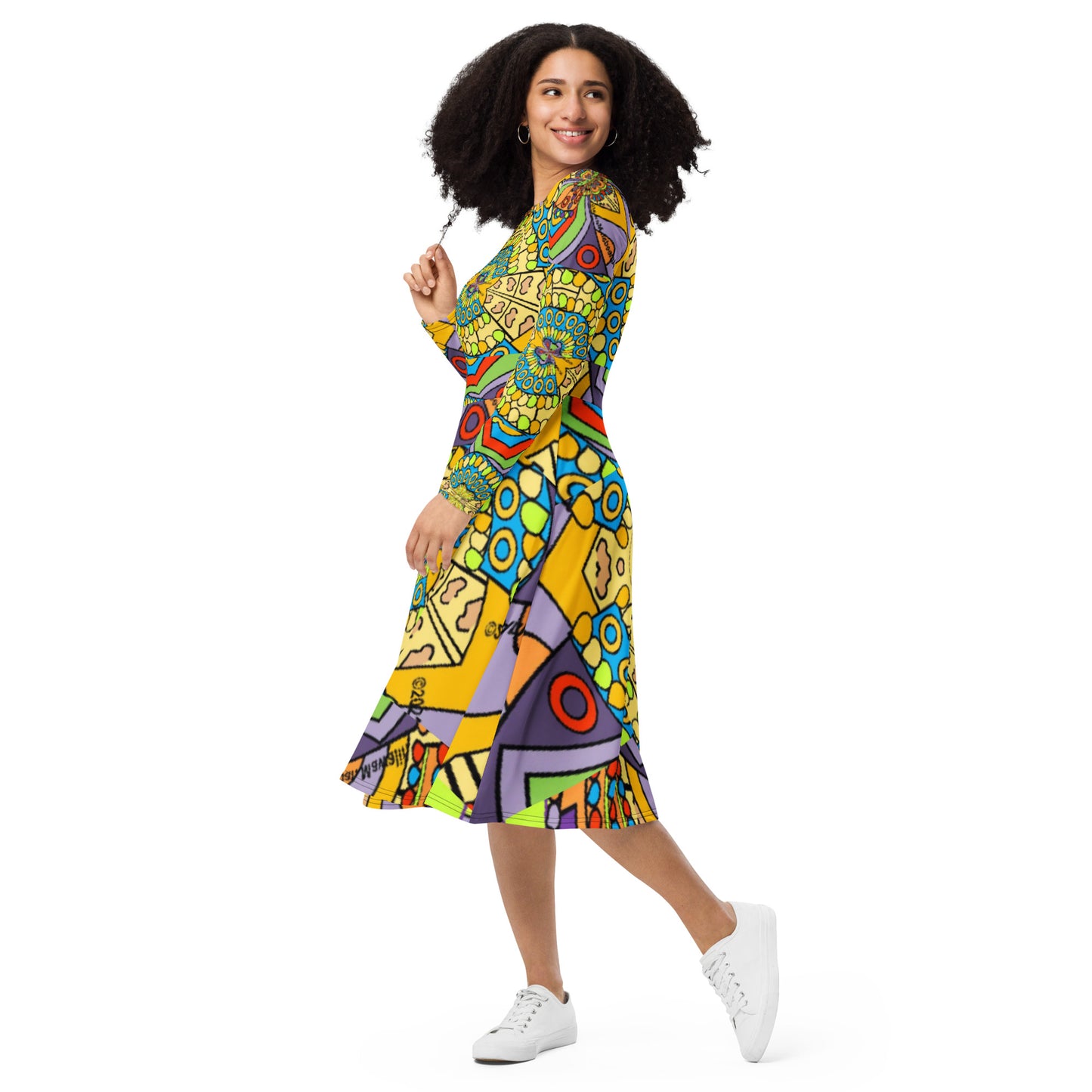 All-over print long sleeve midi dress