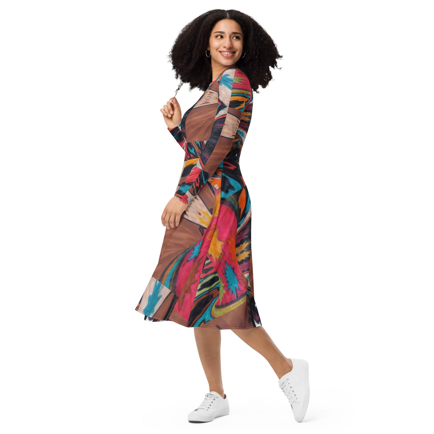 All-over print long sleeve midi dress