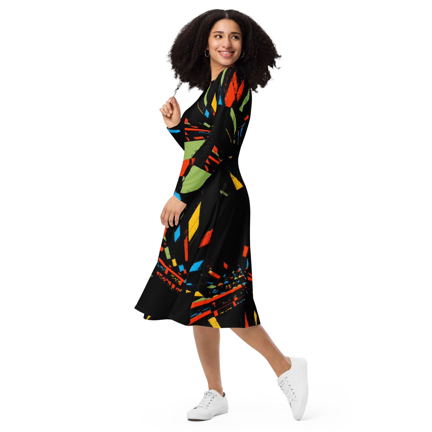 All-over print long sleeve midi dress