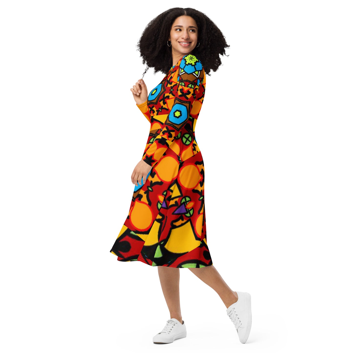 All-over print long sleeve midi dress