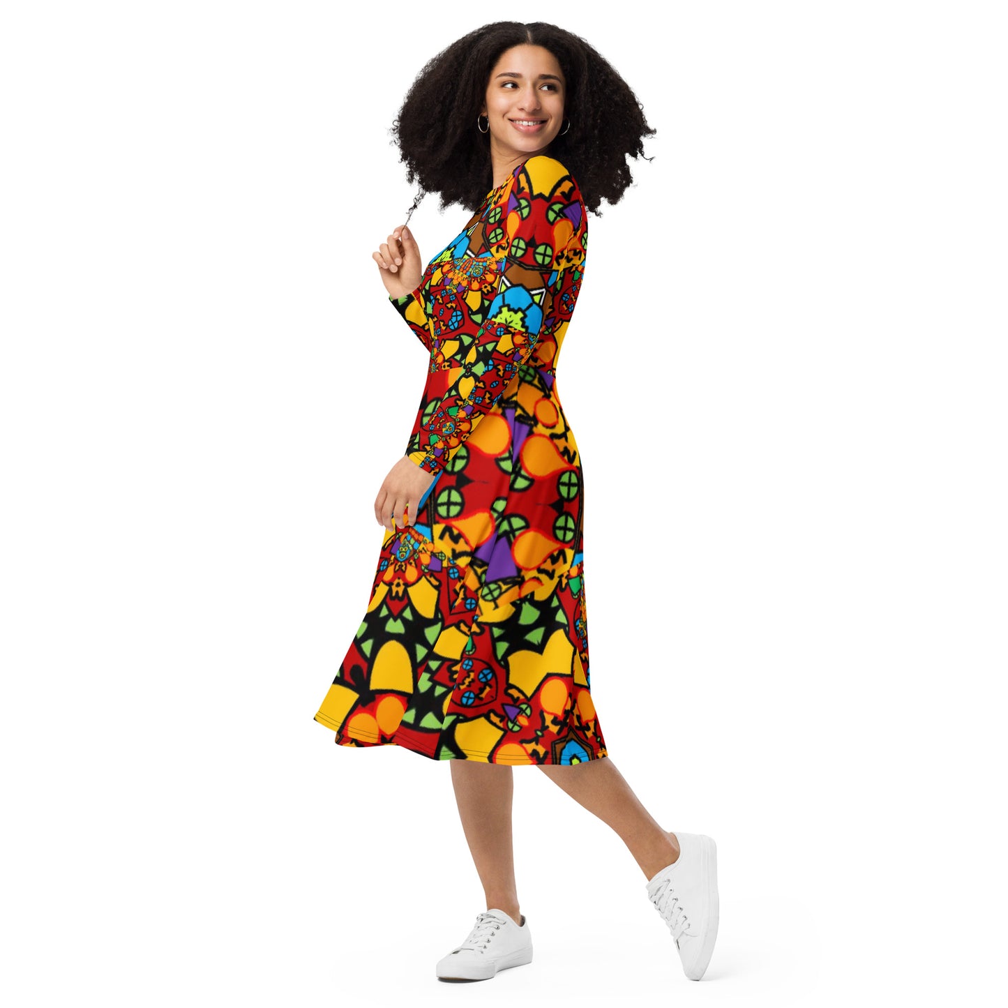 All-over print long sleeve midi dress