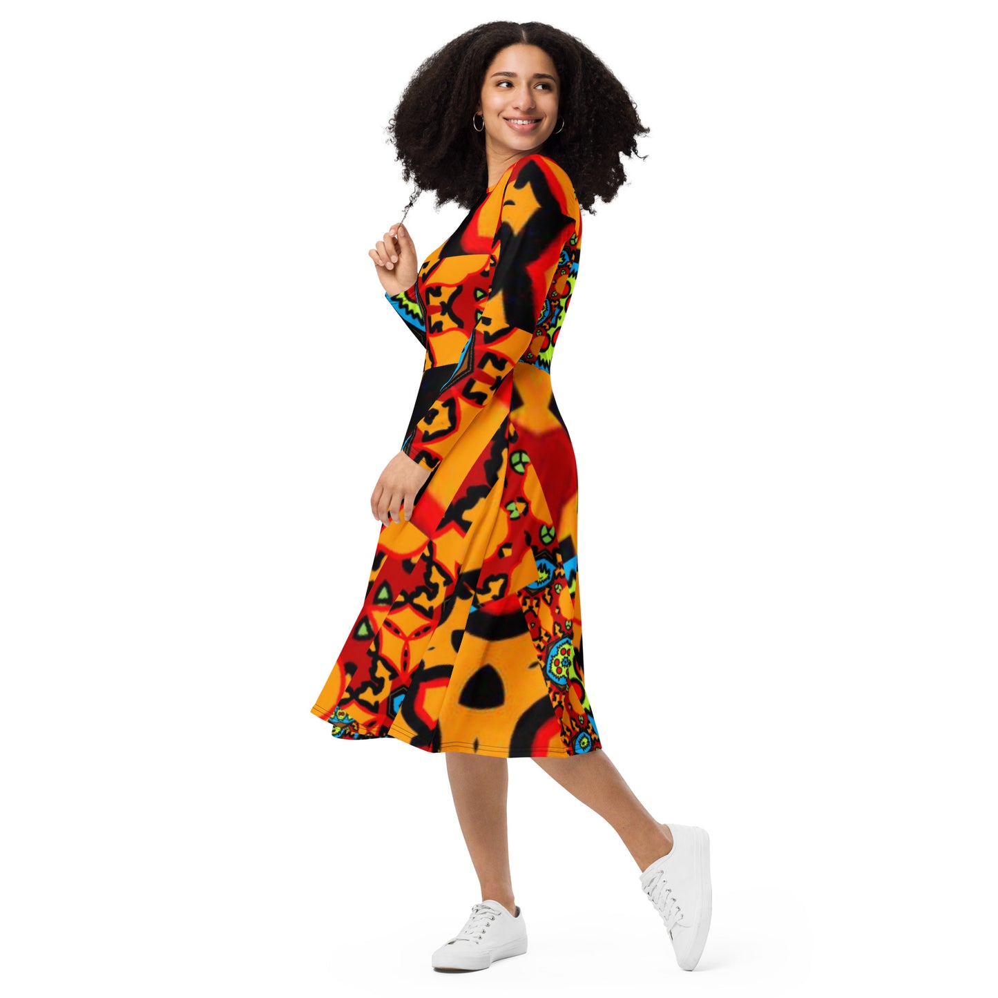 All-over print long sleeve midi dress