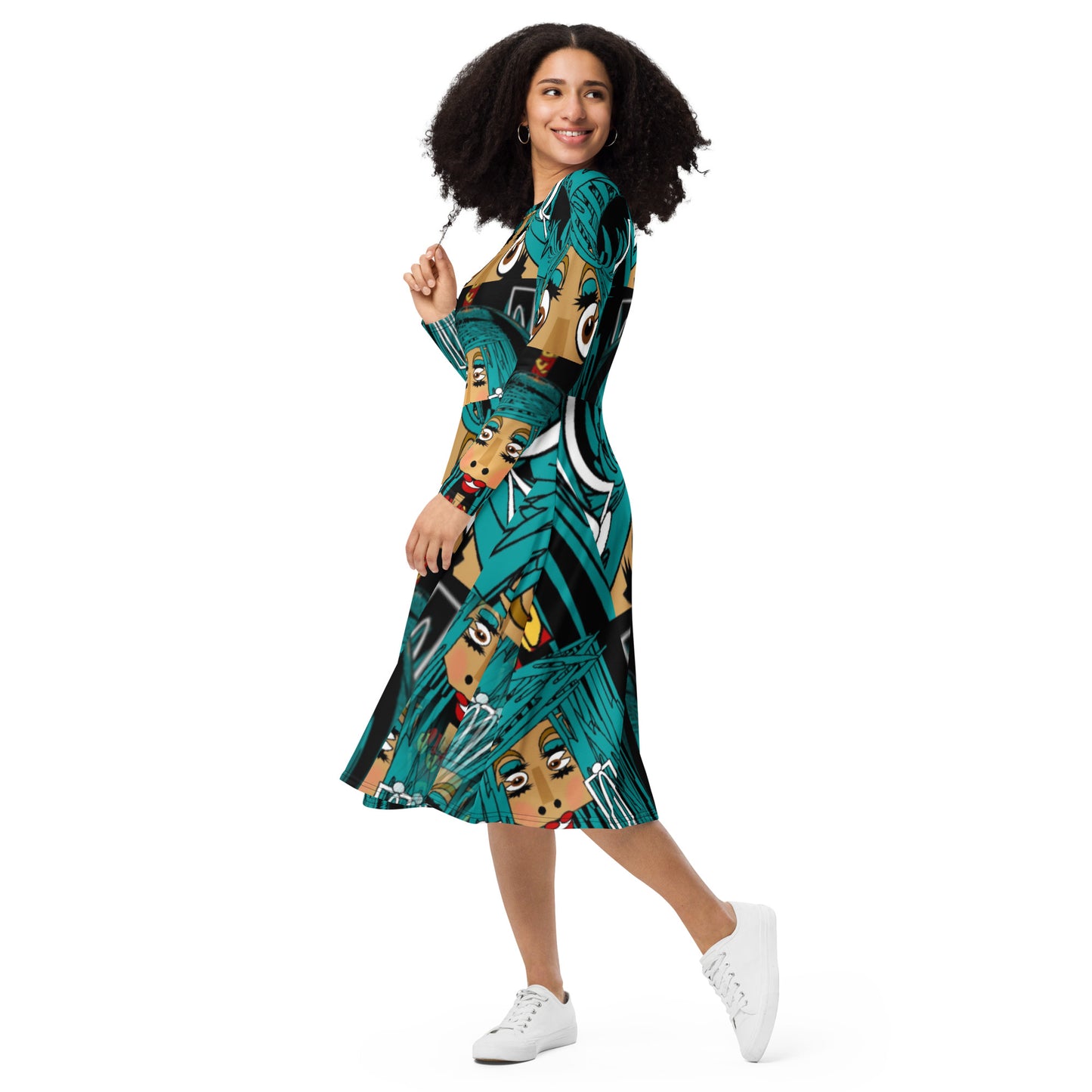 All-over print long sleeve midi dress