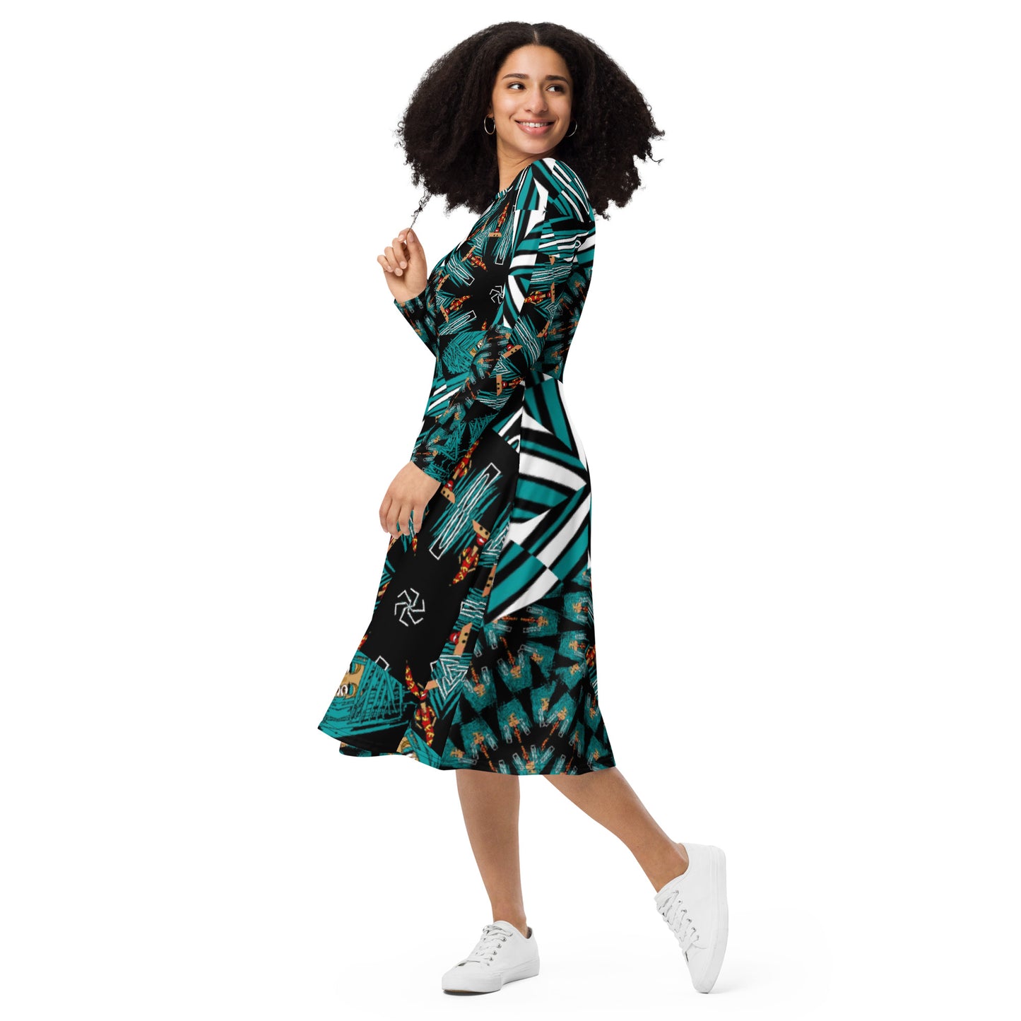 All-over print long sleeve midi dress