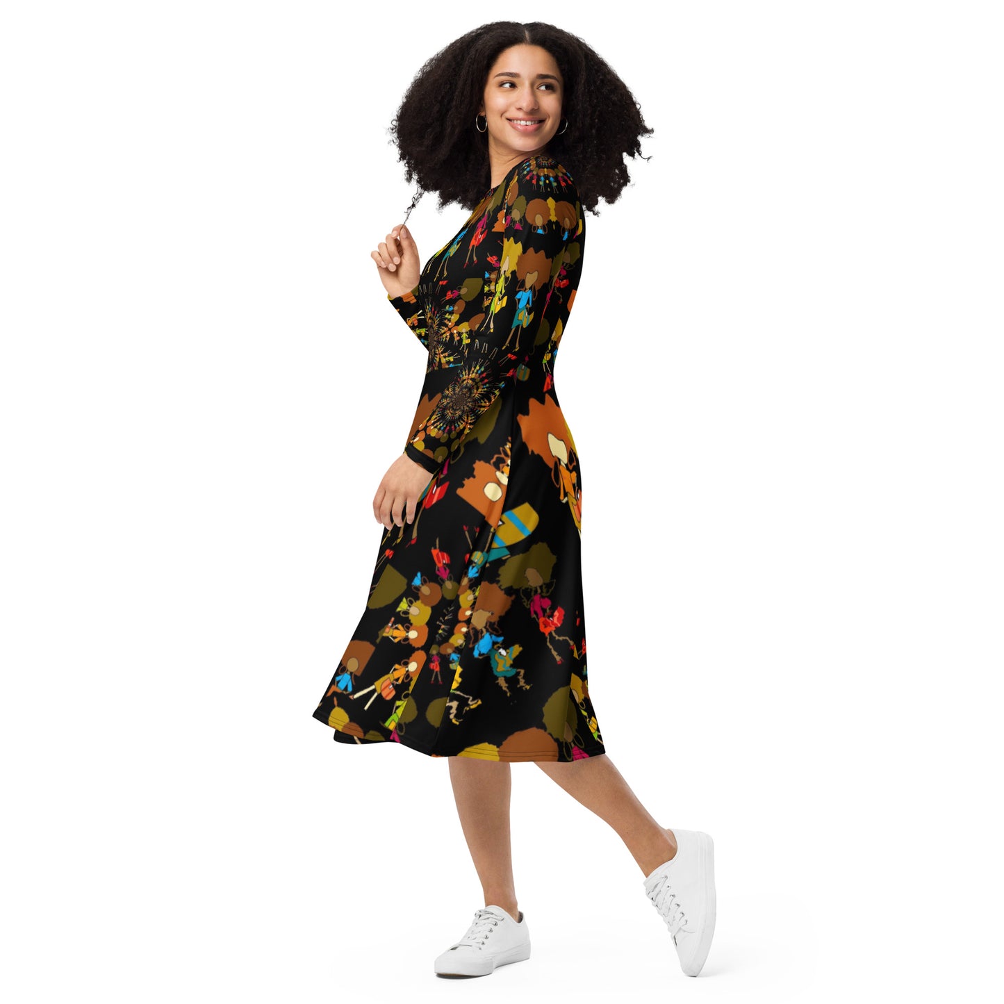 All-over print long sleeve midi dress