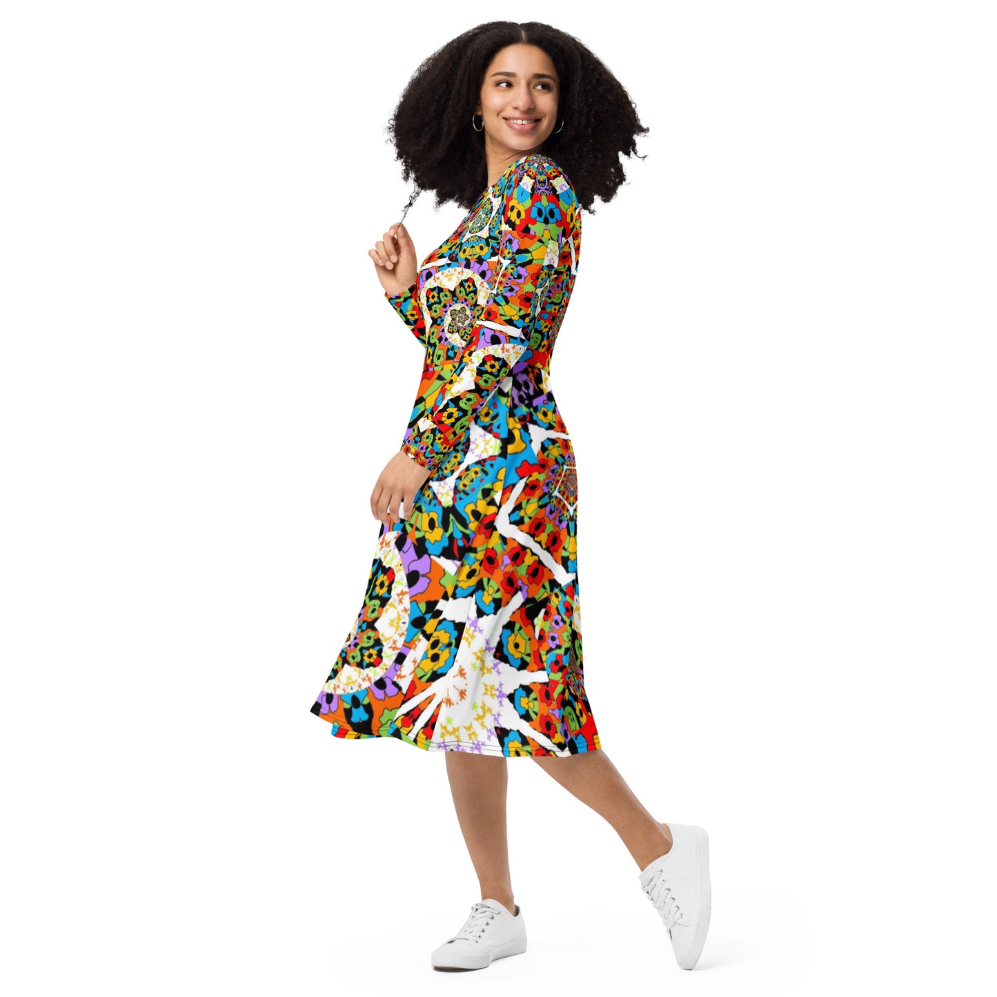 All-over print long sleeve midi dress