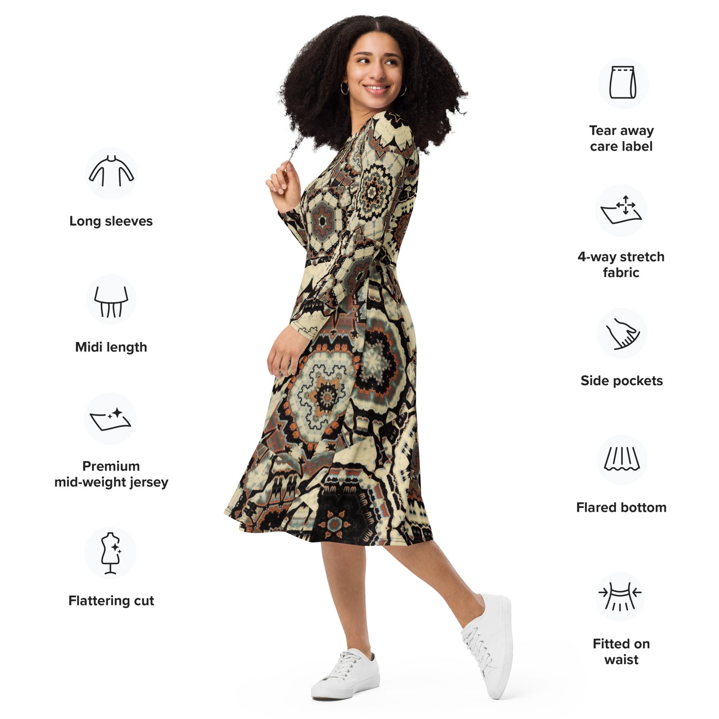 All-over print long sleeve midi dress