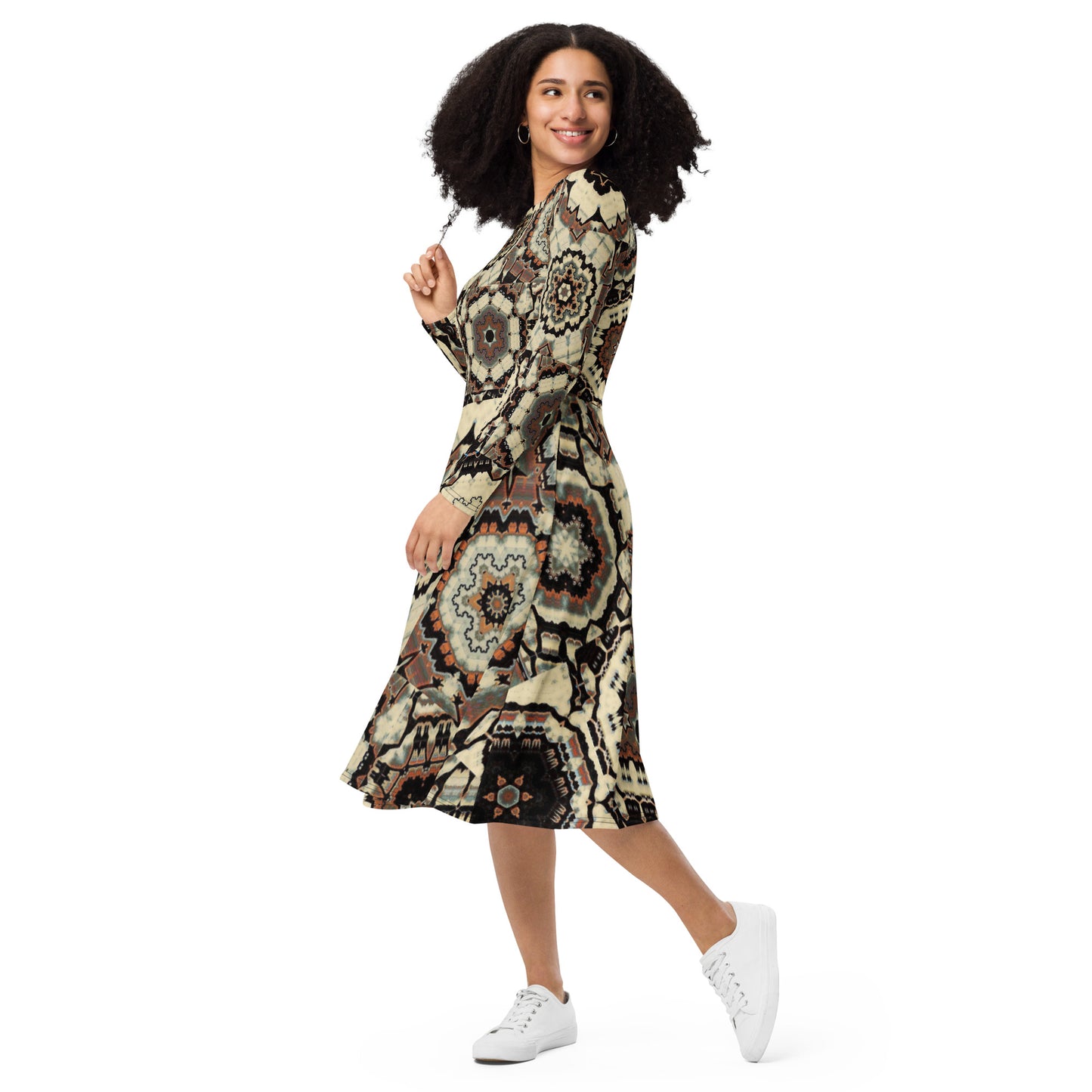 All-over print long sleeve midi dress