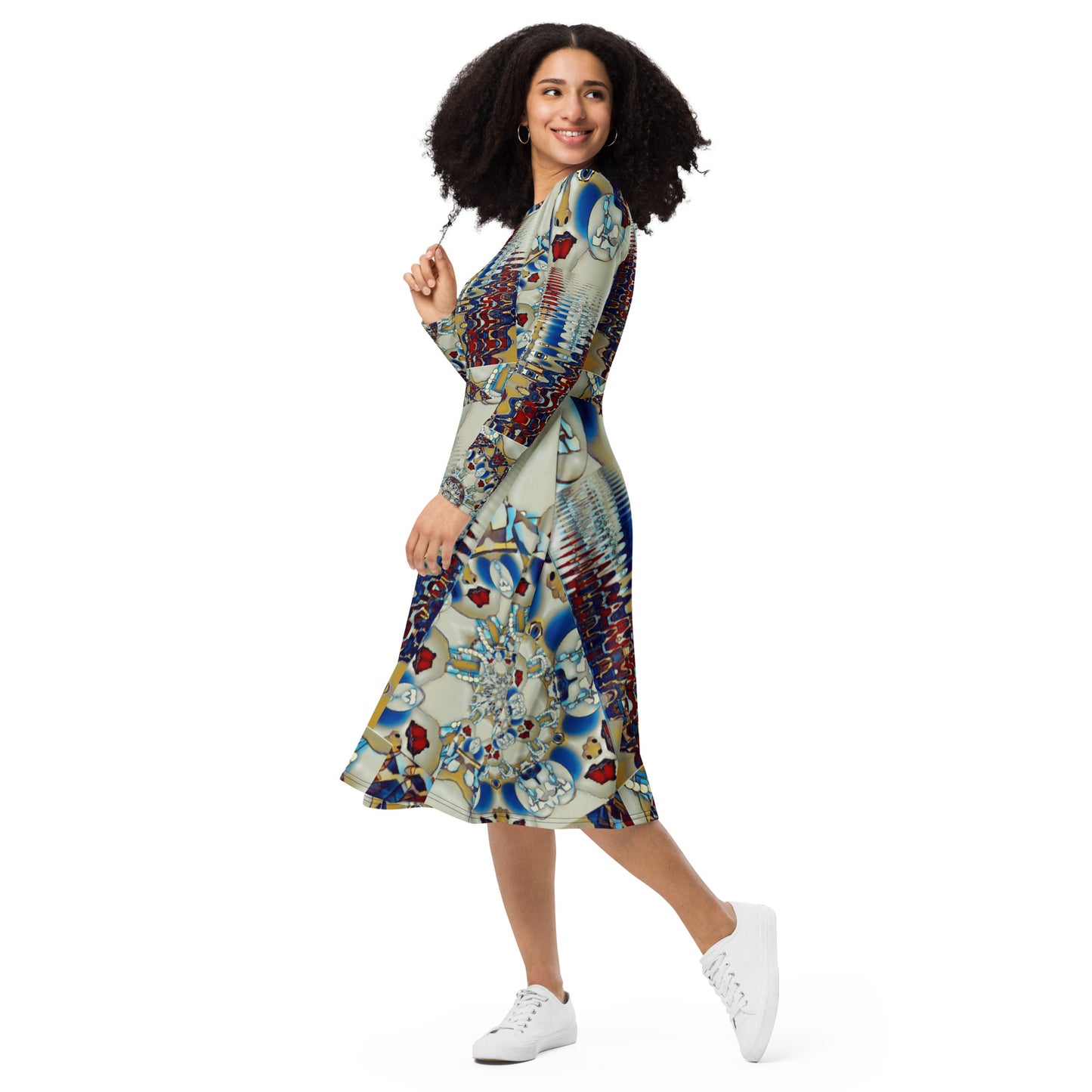 All-over print long sleeve midi dress