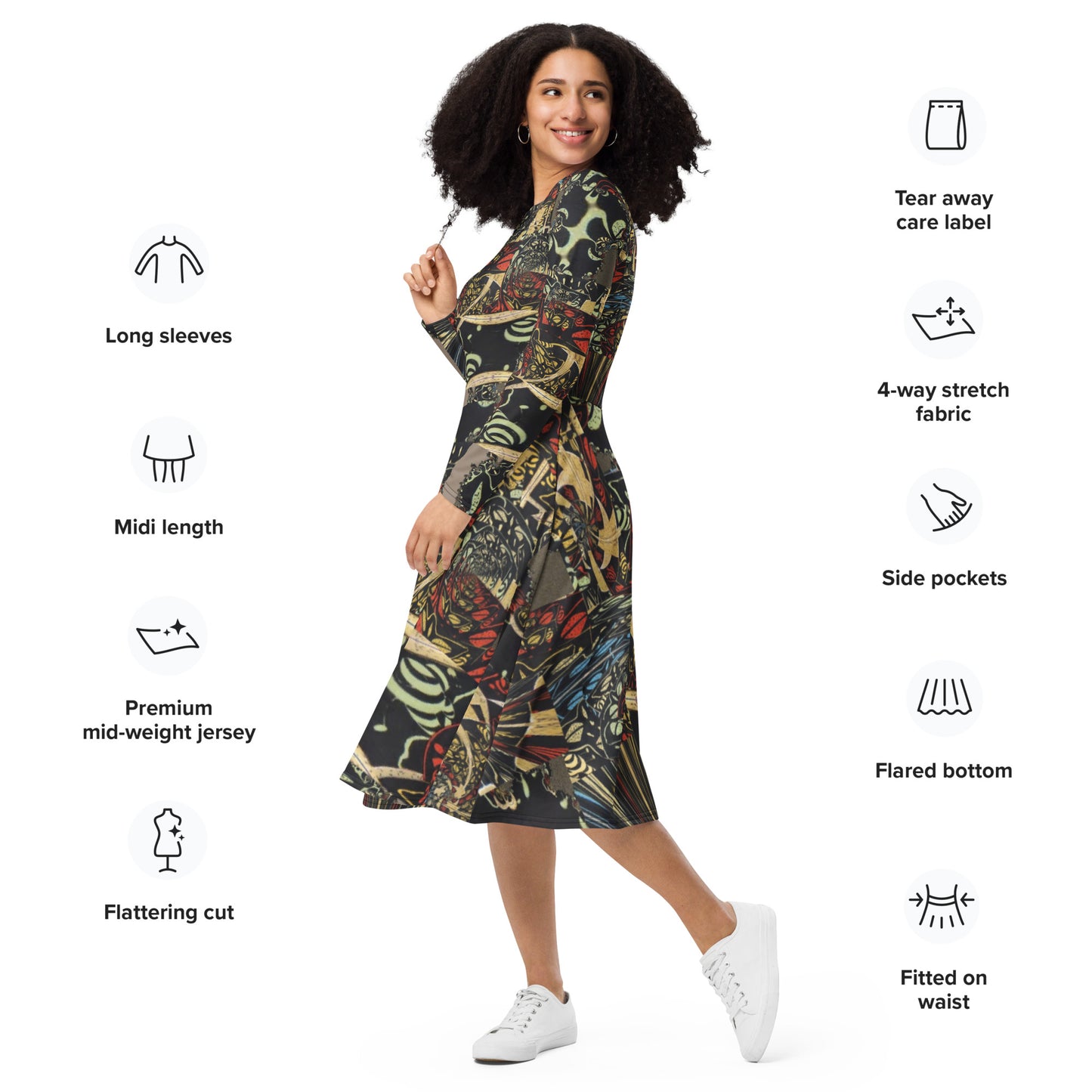 All-over print long sleeve midi dress