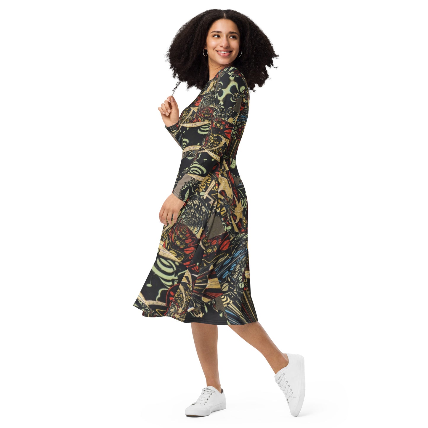 All-over print long sleeve midi dress