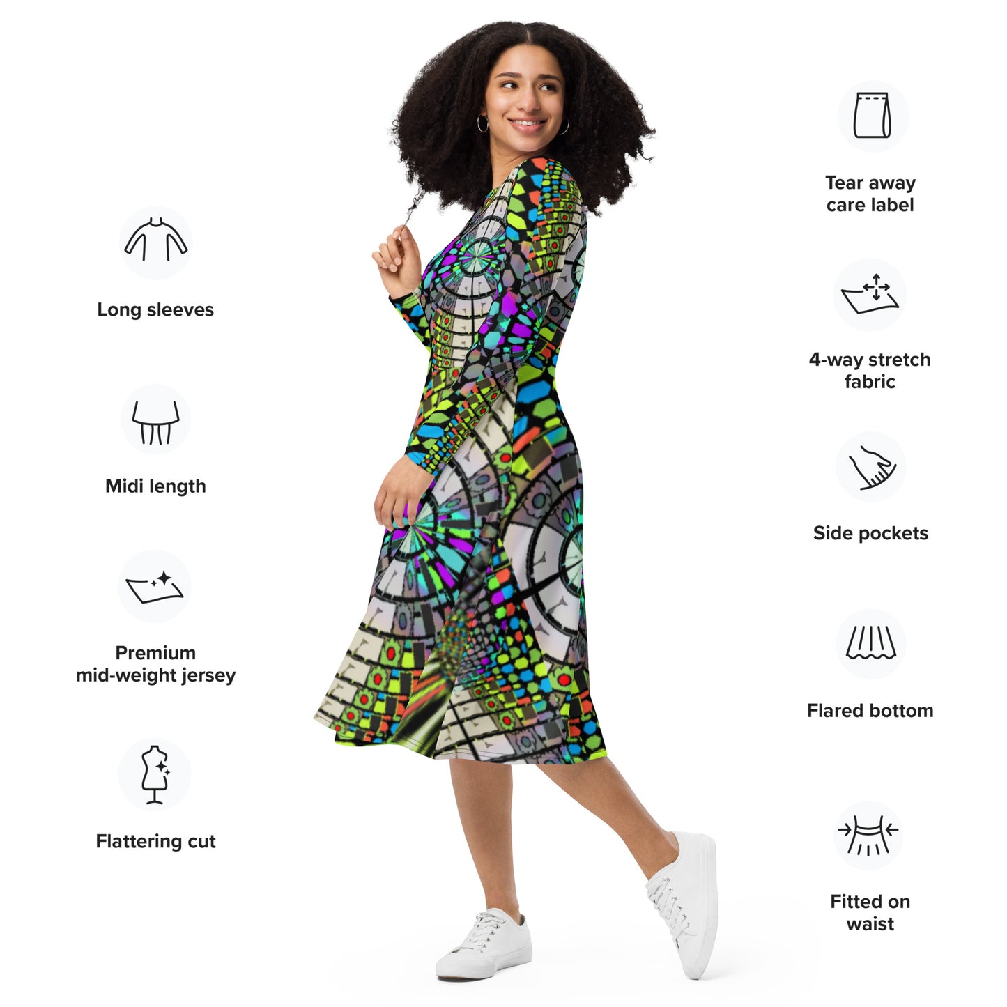 All-over print long sleeve midi dress