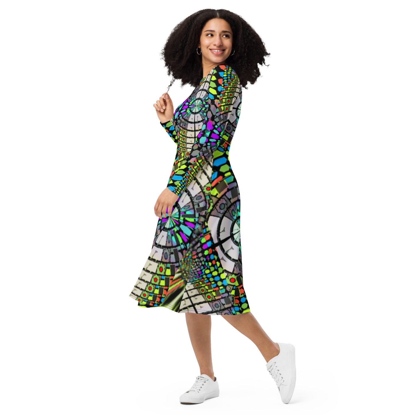 All-over print long sleeve midi dress