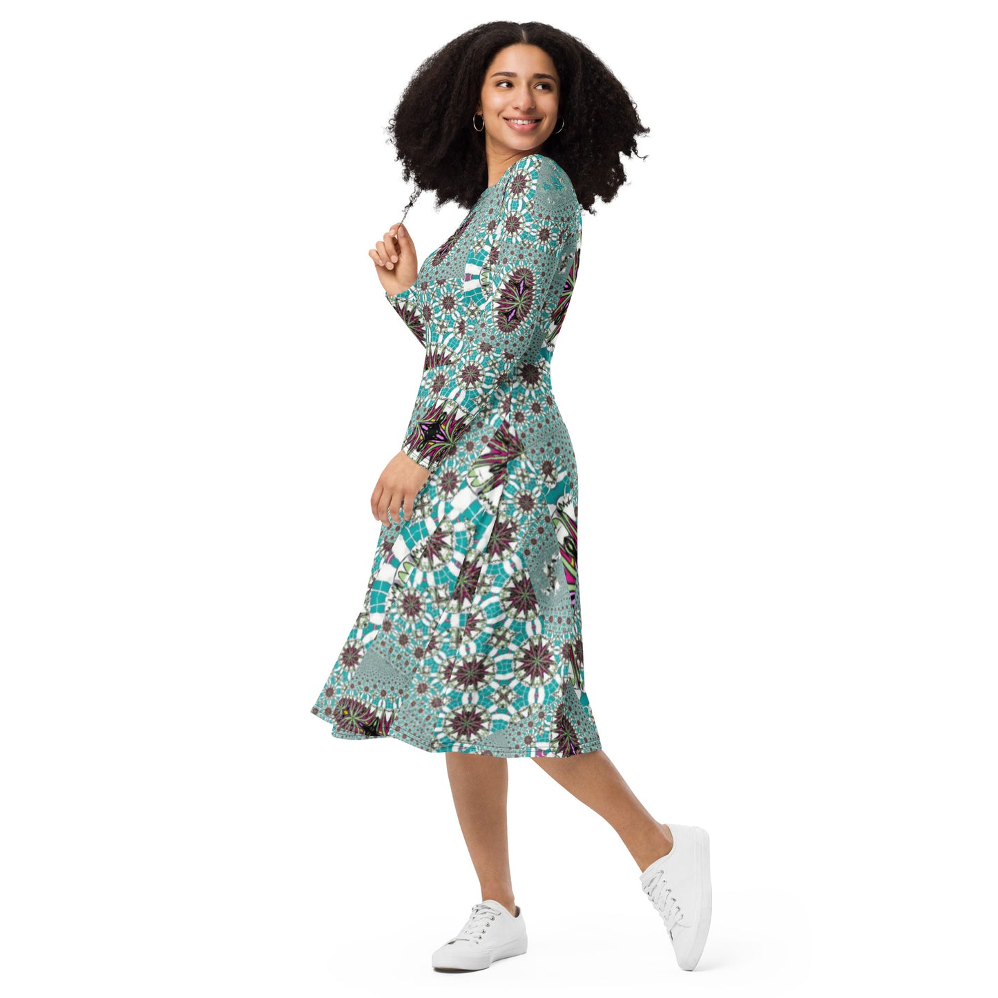 All-over print long sleeve midi dress