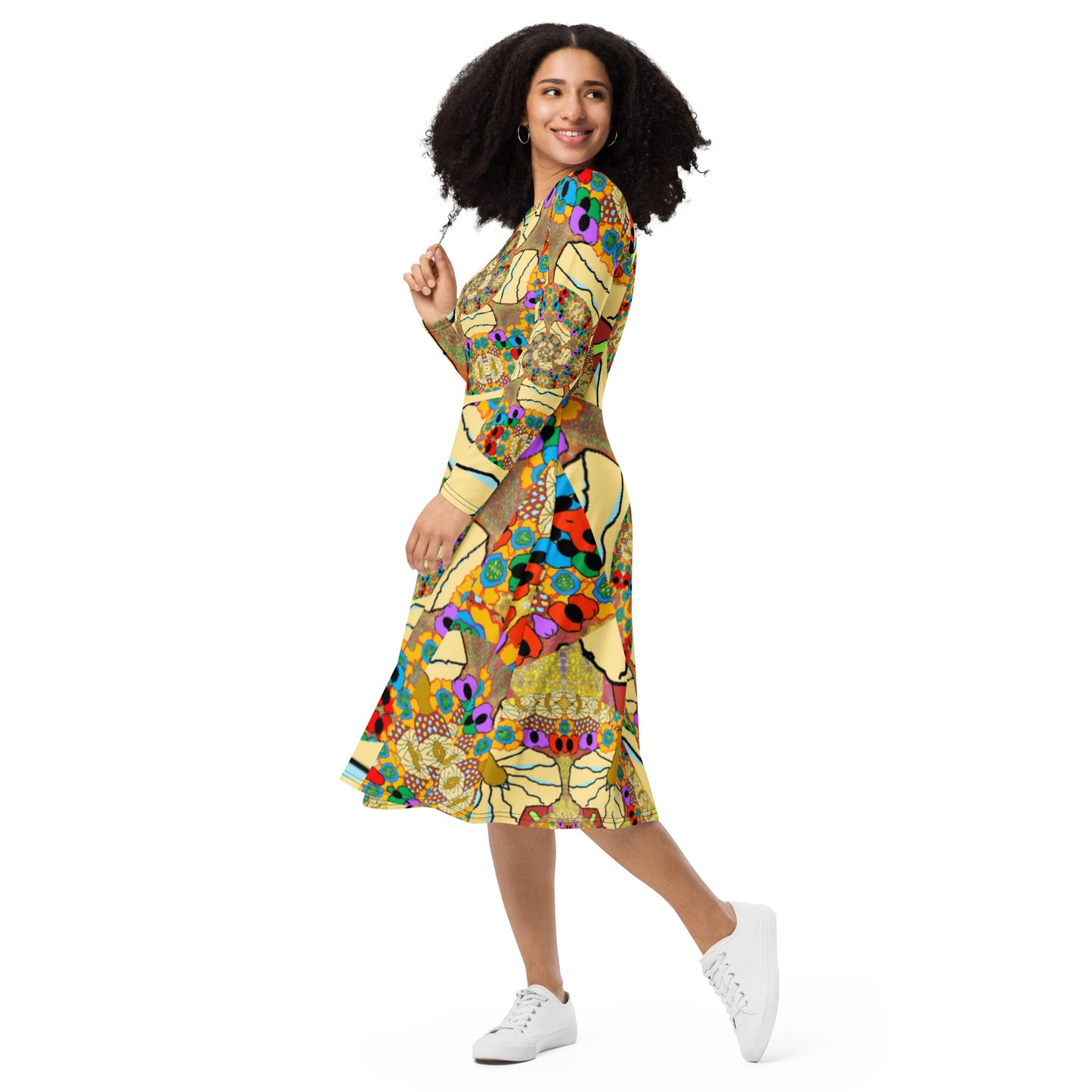 All-over print long sleeve midi dress