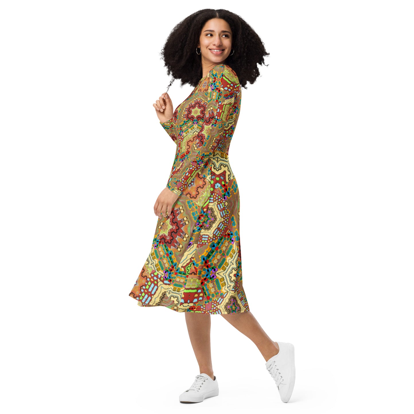 All-over print long sleeve midi dress