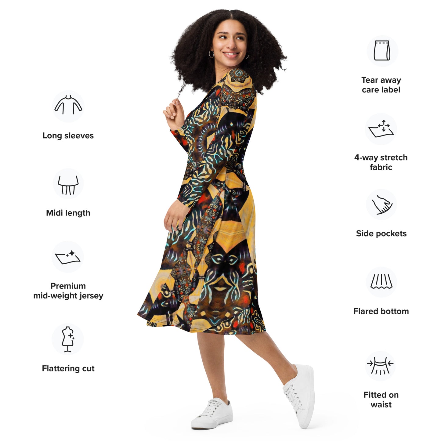 All-over print long sleeve midi dress