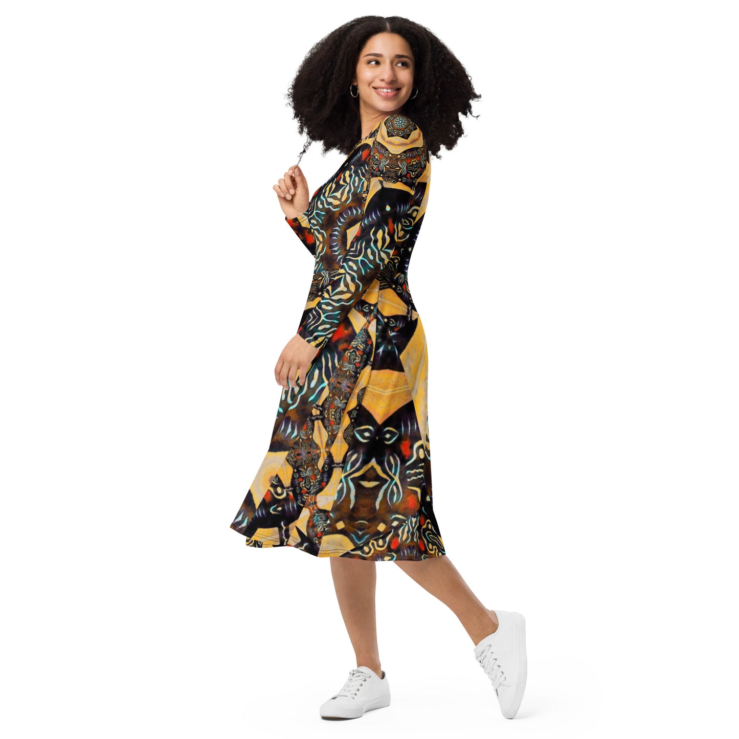 All-over print long sleeve midi dress