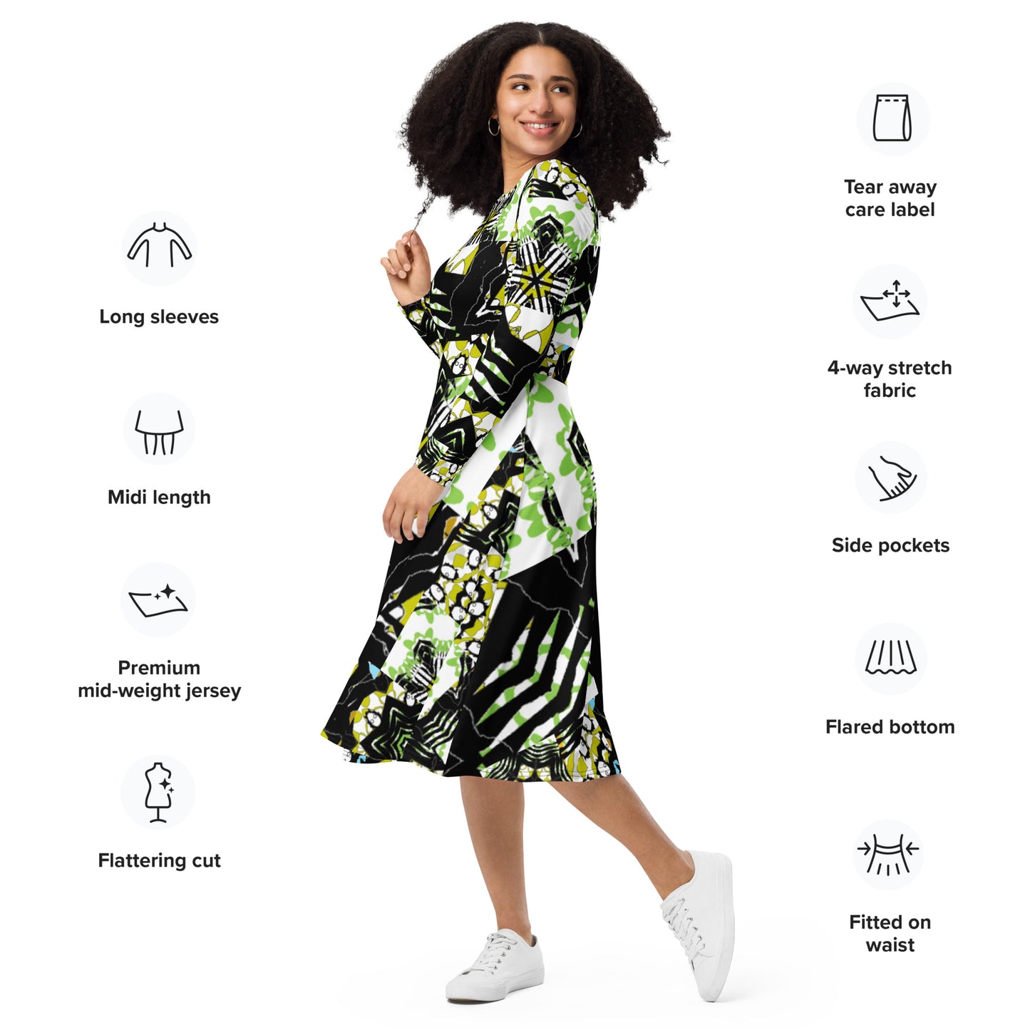 All-over print long sleeve midi dress