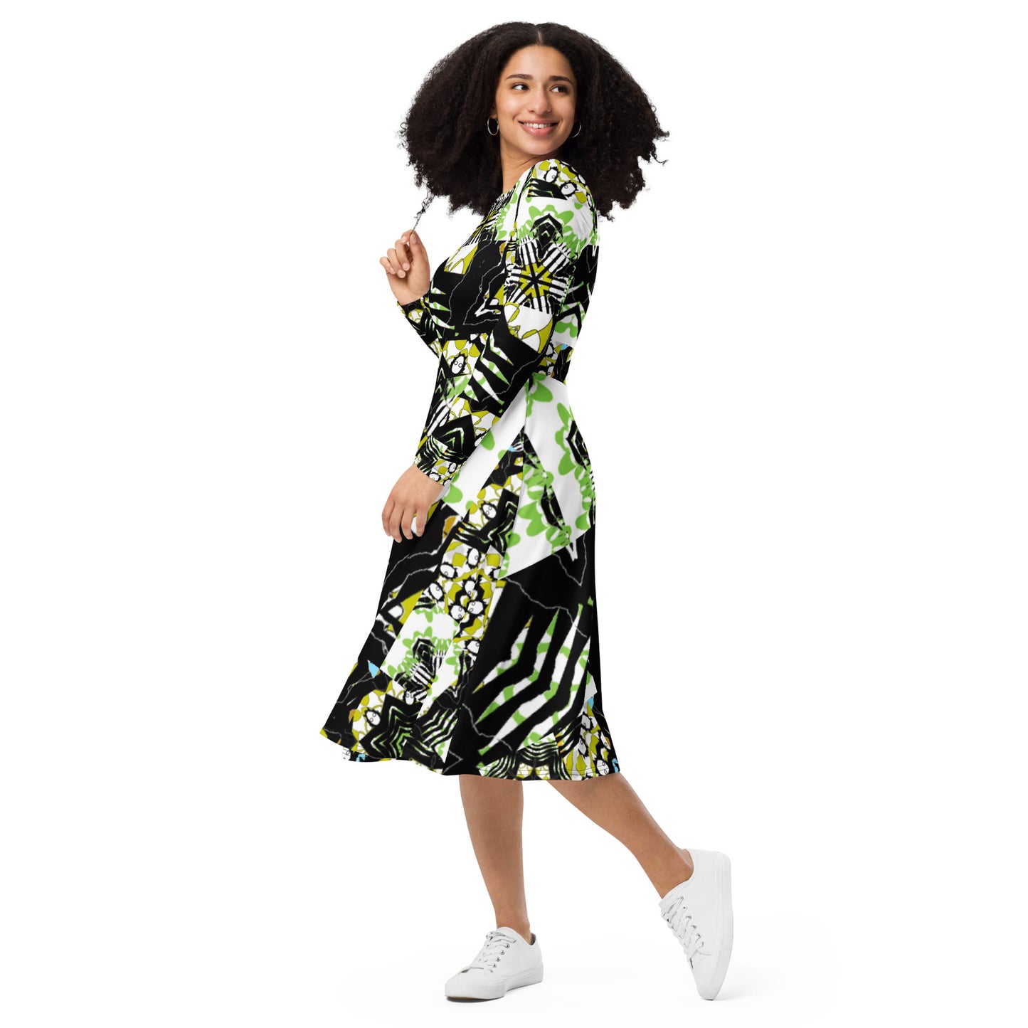 All-over print long sleeve midi dress